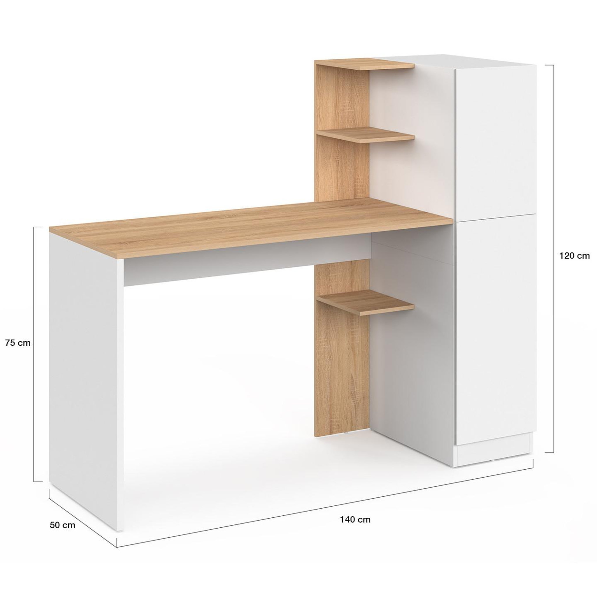Voir la diapositive 5 : ID MARKET Bureau avec armoire de rangements 140x50 cm NICO étagères blanc et bois