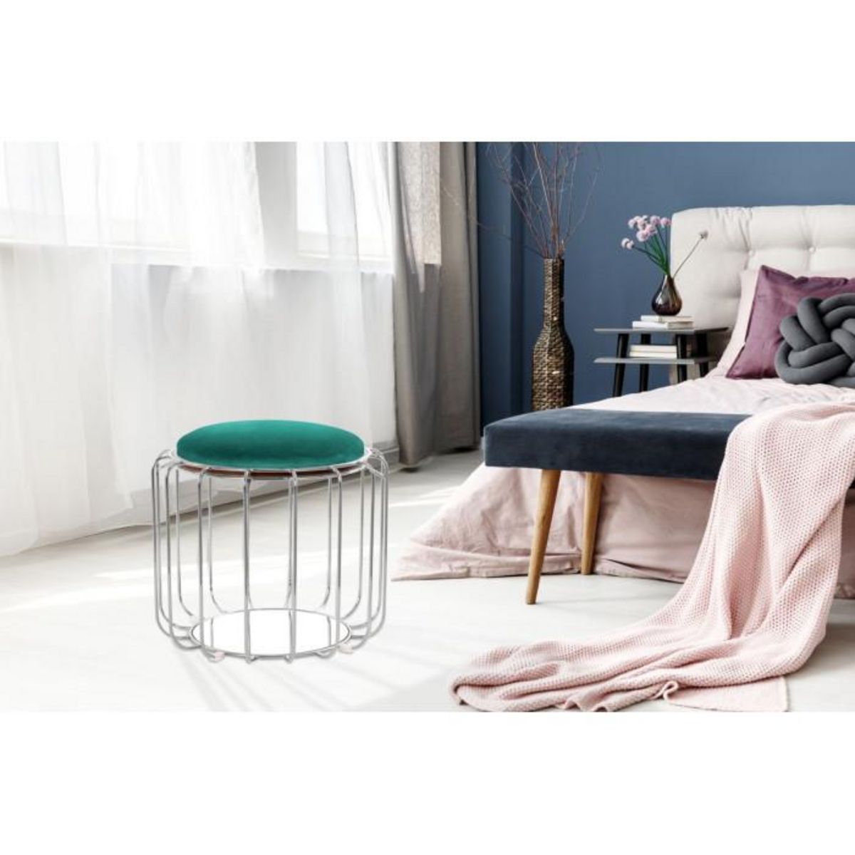 Paris Prix Pouf & Table d'Appoint  Comfortable  50cm Vert & Argent