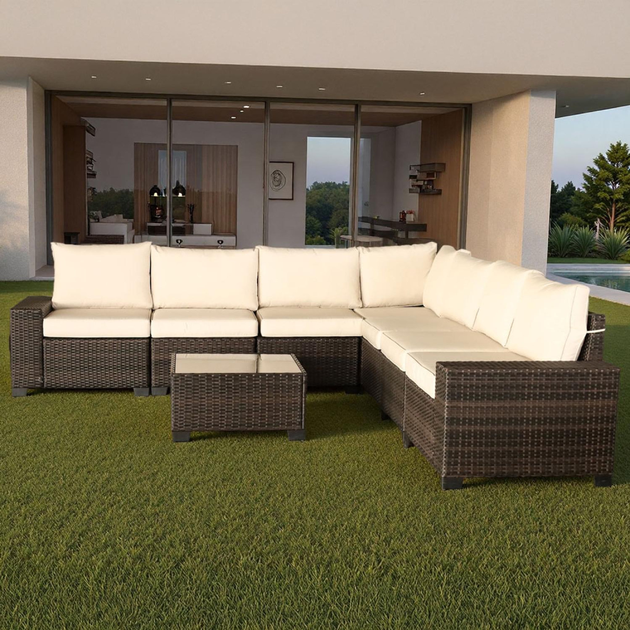 Voir la diapositive 5 : CONCEPT USINE Salon de jardin d'angle 7 places en résine tressée avec table marron et beige LAZARO