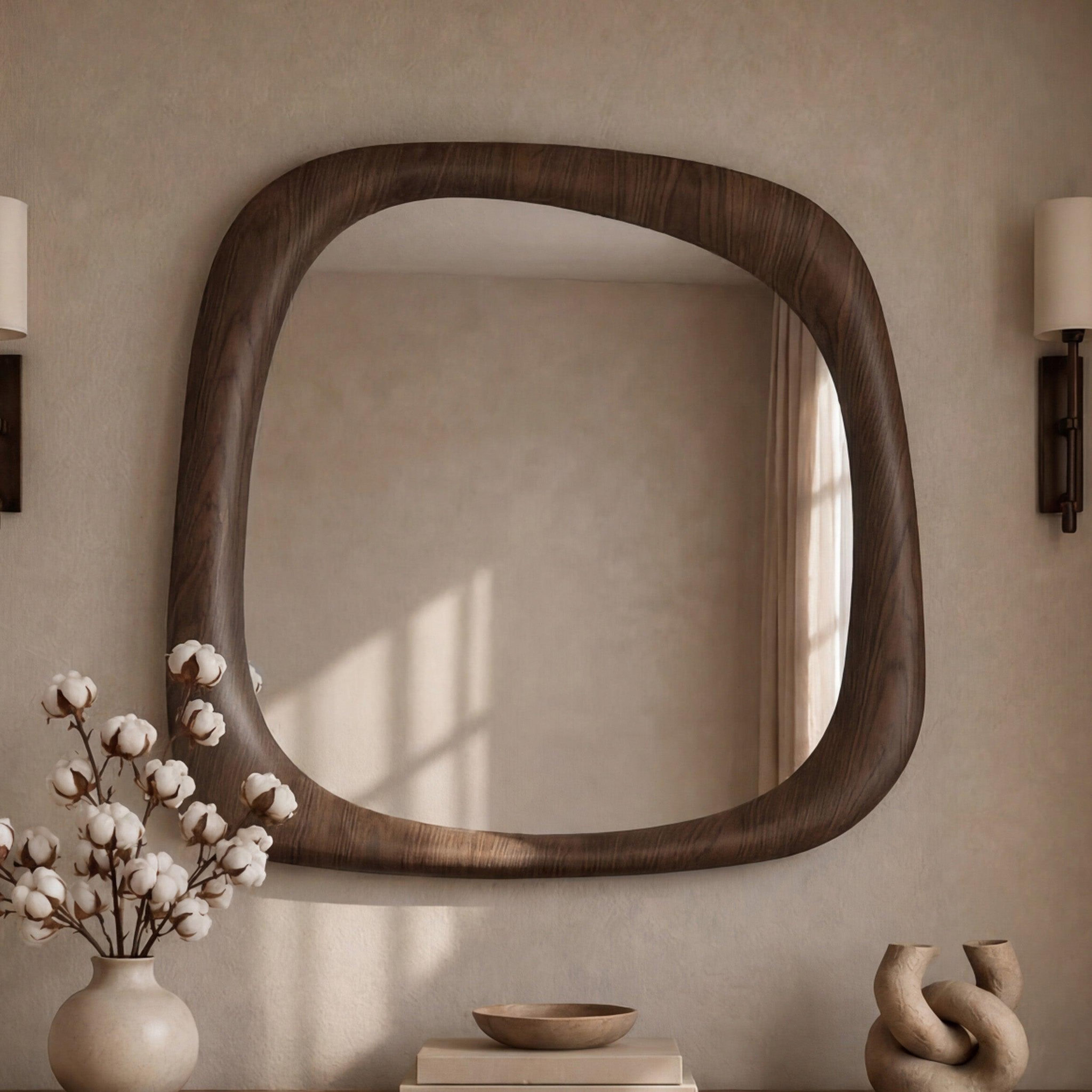 Voir la diapositive 2 : MAISON PAVANE Miroir carré en placage noyer, 90 x 90 cm-yoko