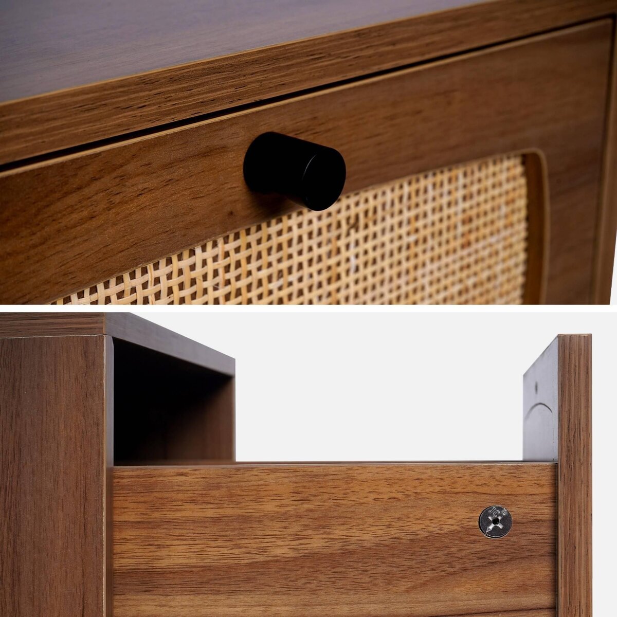 SWEEEK Table de chevet en décor bois et cannage avec pieds et poignées en métal noir