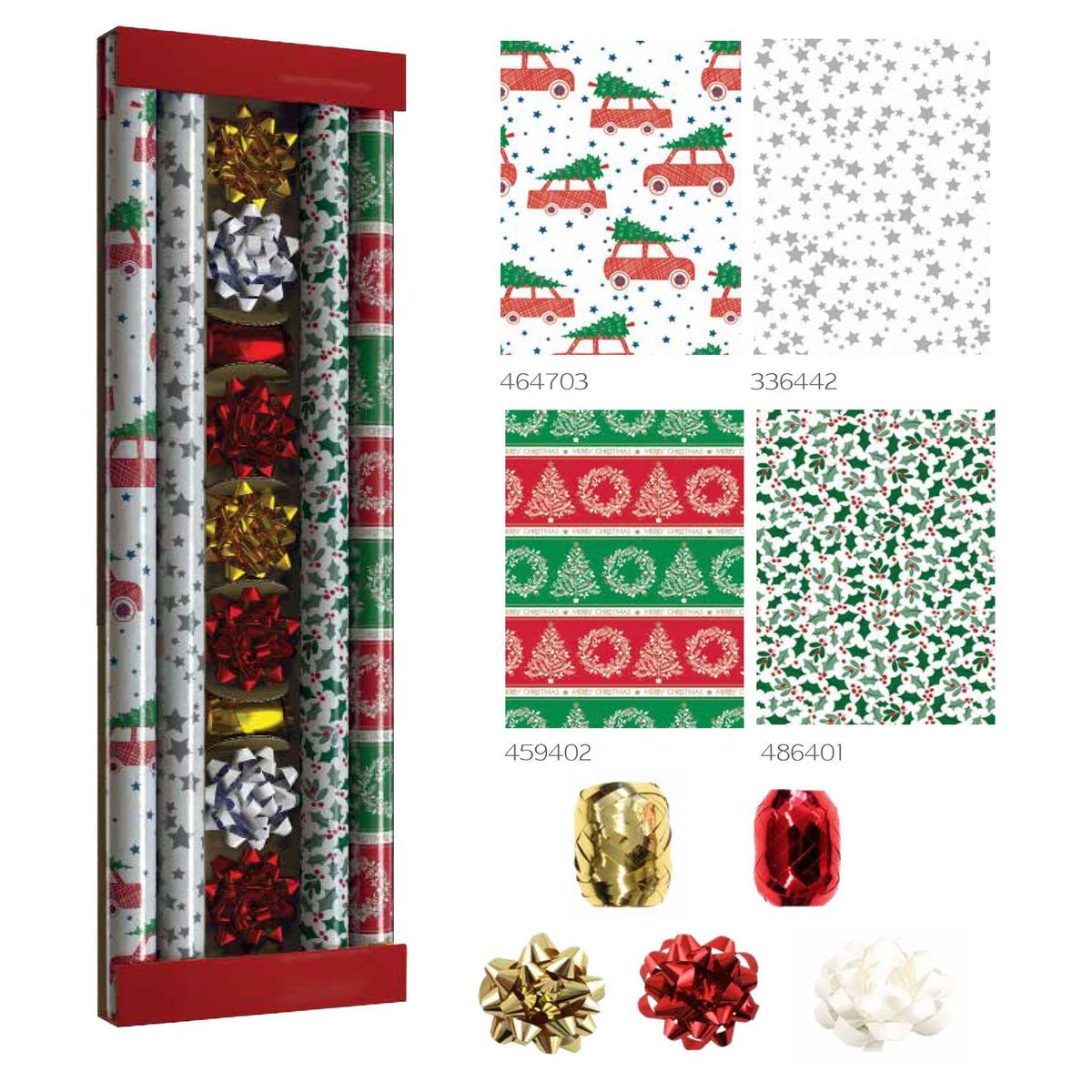 Kit papier cadeau Noël 2M + accessoires 4 pièces