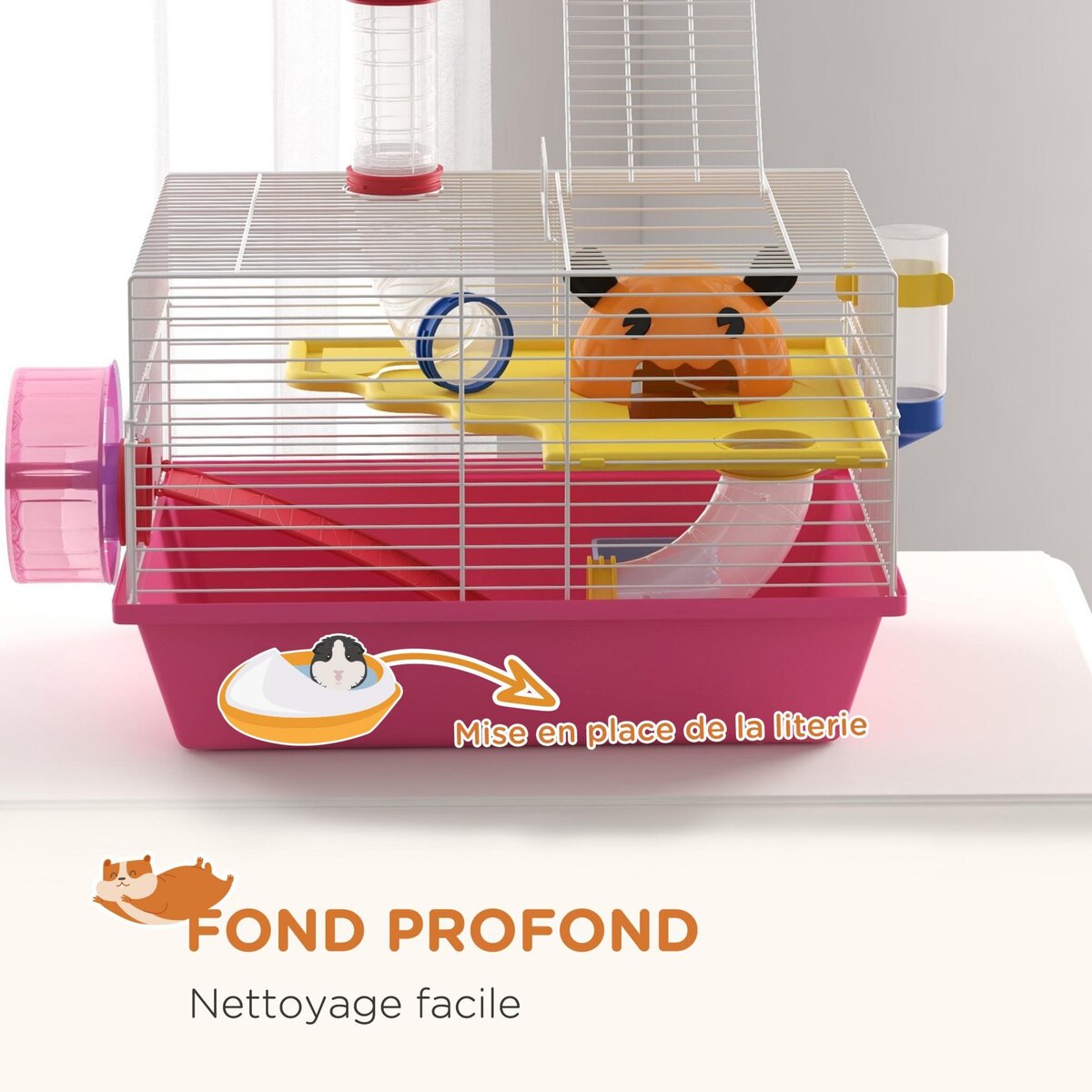 PAWHUT Cage à hamster rat rongeur - plateforme, biberon eau, roue, maisonnette, tubes - acier blanc PP rose