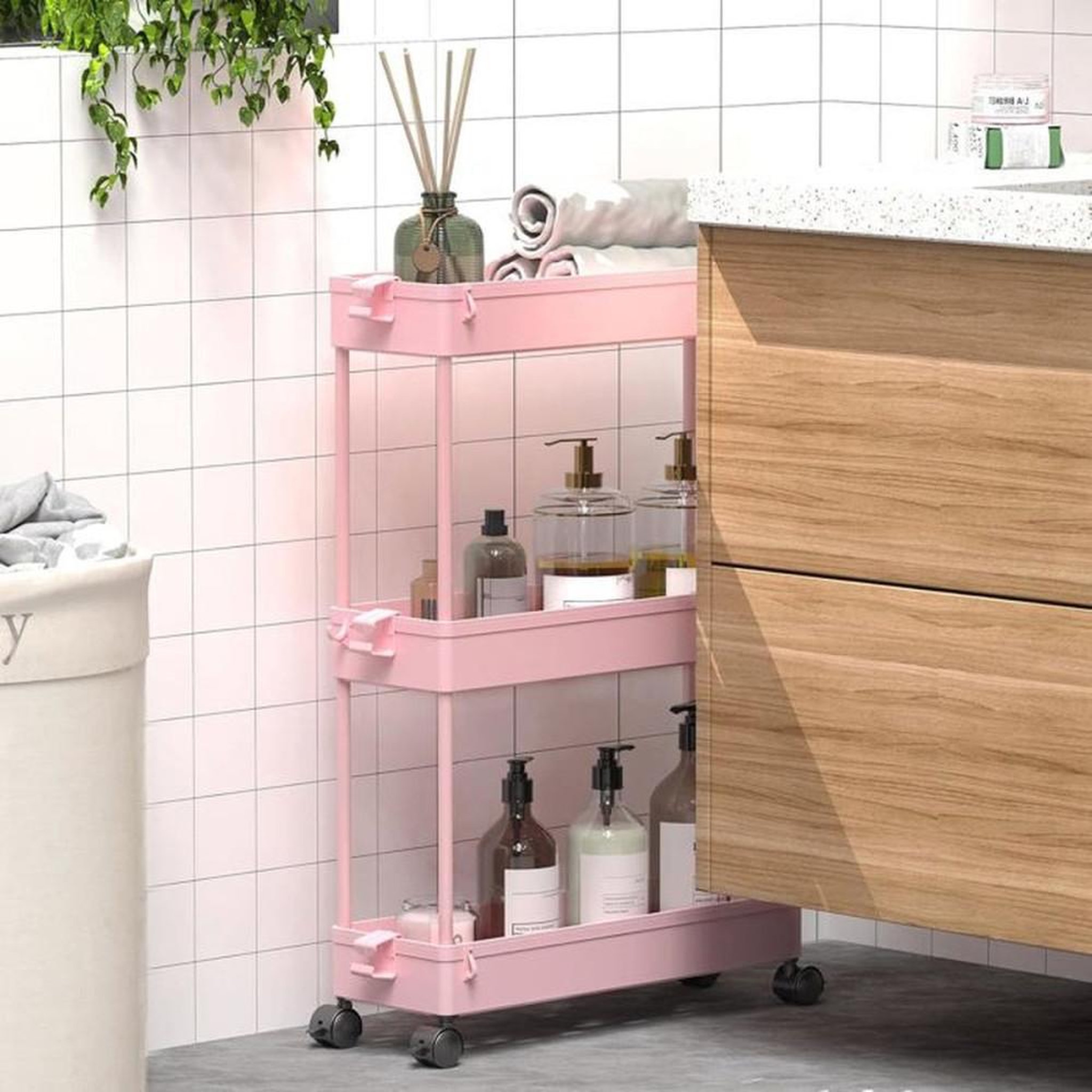 Voir la diapositive 4 : Chariot de rangement rose à 3 niveaux en plastique résine avec roulettes 360° pour cuisine, salle de bain