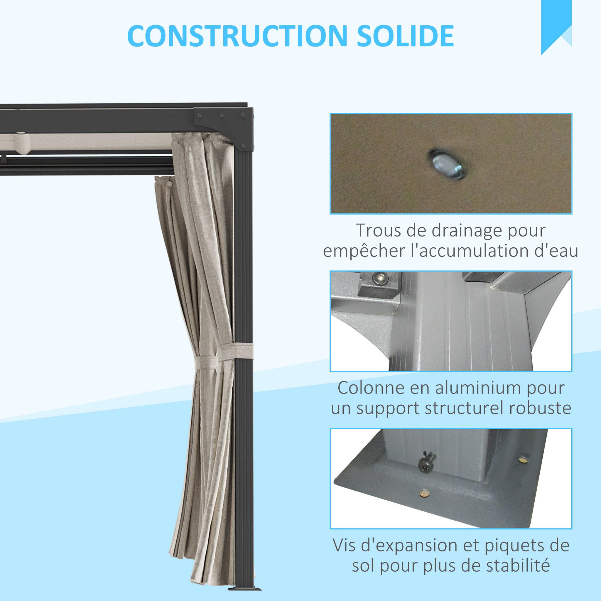 Voir la diapositive 6 : OUTSUNNY Pergola rétractable dim. 2,95L x 2,95l x 2,20H m double toit coulissant 4 rideaux alu. acier noir polyester beige