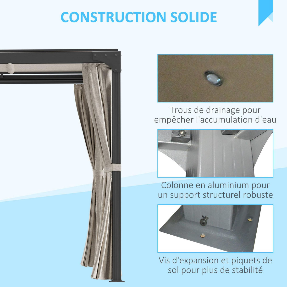 OUTSUNNY Pergola rétractable dim. 2,95L x 2,95l x 2,20H m double toit coulissant 4 rideaux alu. acier noir polyester beige