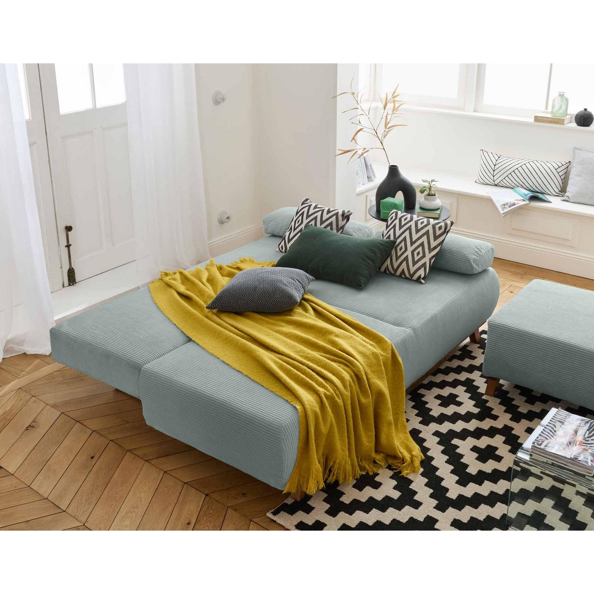 BEST MOBILIER Cristal - canapé 3 places - convertible avec coffre et pouf - en velours côtelé