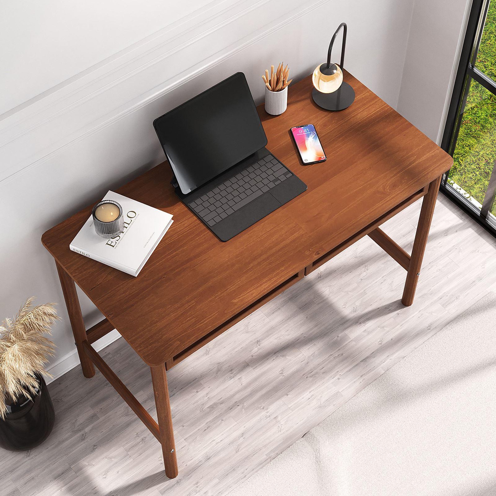 Voir la diapositive 4 : IDIMEX Bureau RODRIGO H 76 cm avec 2 tiroirs en bois massif