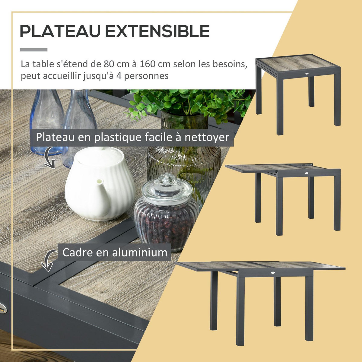 OUTSUNNY Ensemble de jardin 4 personnes chaises empilables table extensible 80/160L cm alu. teslin gris