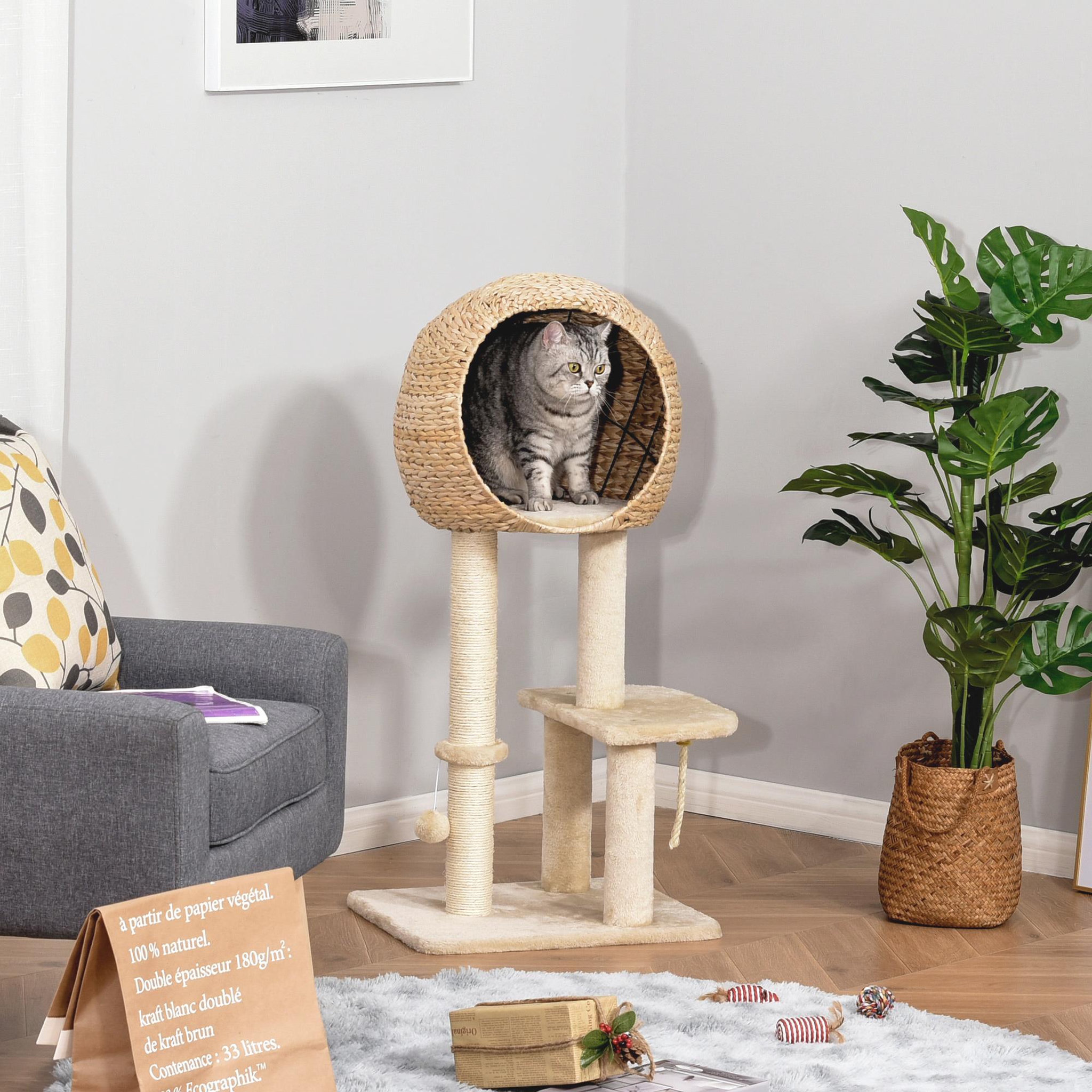 Voir la diapositive 2 : PAWHUT Arbre à chats style cosy chic griffoir sisal naturel grande niche plateformes jeu boule corde escalade peluche courte massette beige