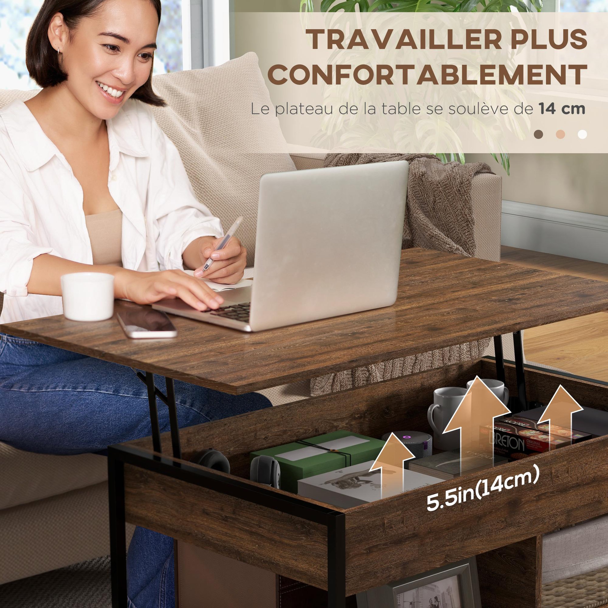 Voir la diapositive 5 : HOMCOM Table basse relevable - étagère inférieure, coffre de rangement - dim. 100L x 80l x 60H cm - aspect bois rustique noir