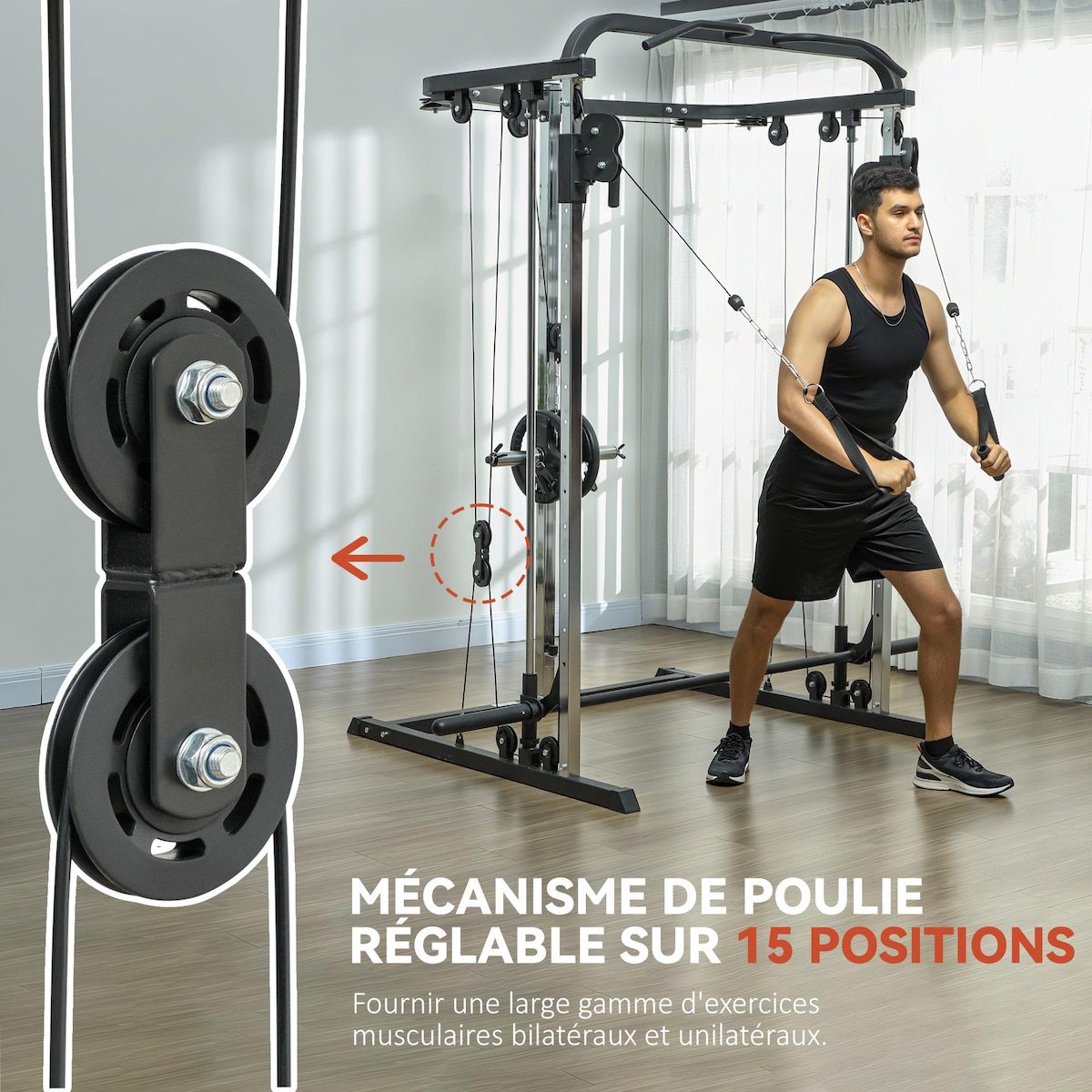 HOMCOM Station de musculation double polie barre de traction et barre longue musculation acier noir