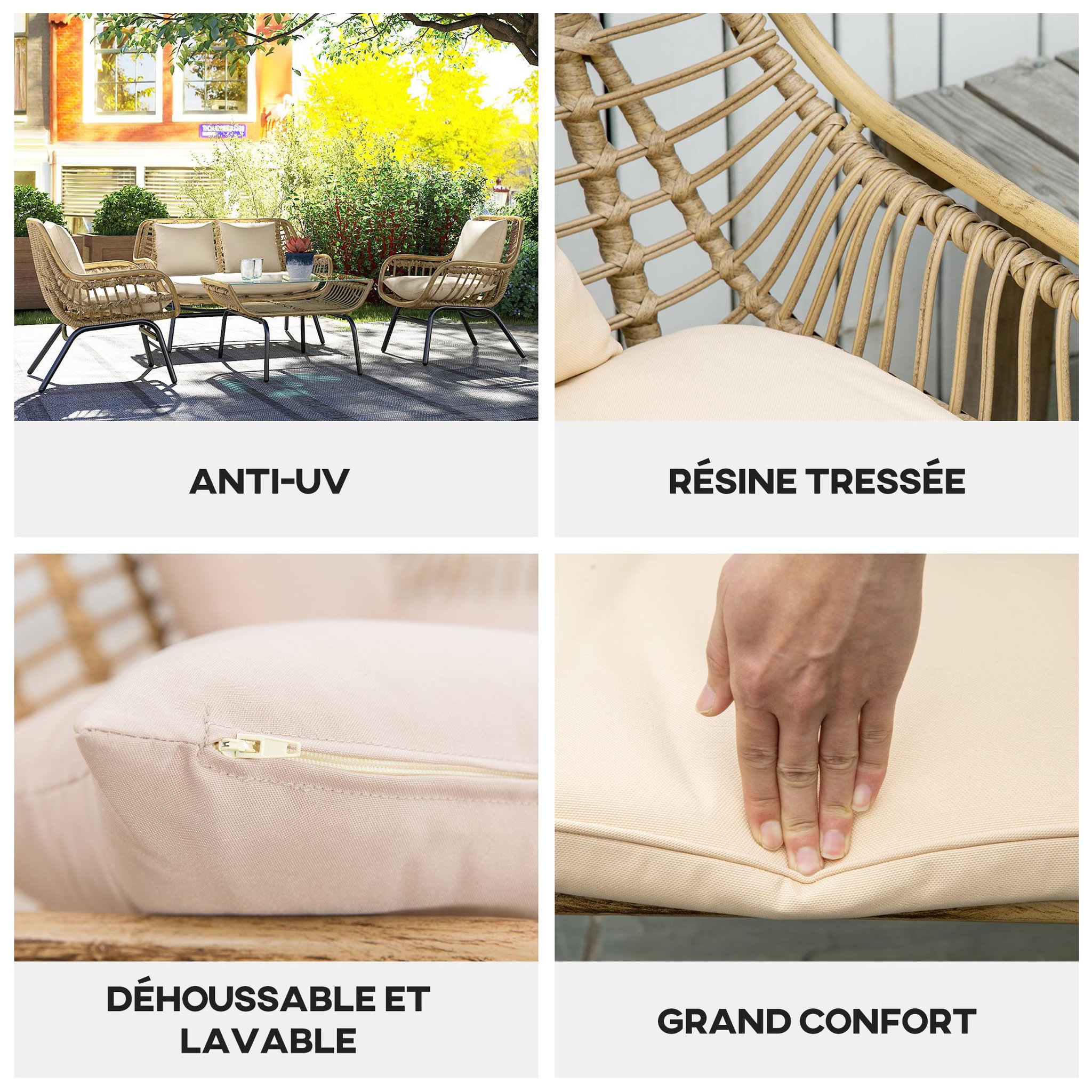 Voir la diapositive 6 : OUTSUNNY Salon de jardin 4 pers. 4 pièces style exotique métal époxy résine imitation bambou coussins grand confort inclus polyester beige