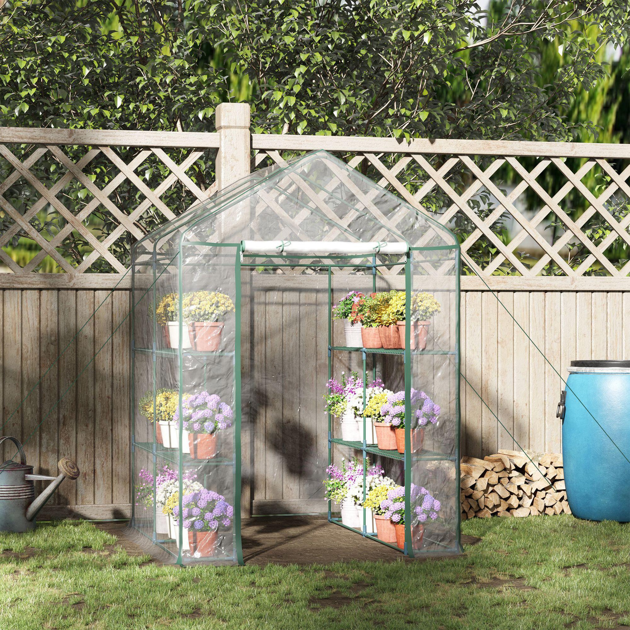 Voir la diapositive 2 : HOMCOM Serre de jardin balcon terrasse 4 étagères 143l x 143l x 195h cm acier pvc imperméable anti-uv transparent vert