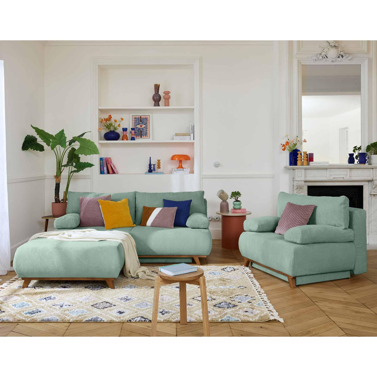 BEST MOBILIER Cristal - canapé 3 places - convertible avec coffre et grand pouf - en velours texturé