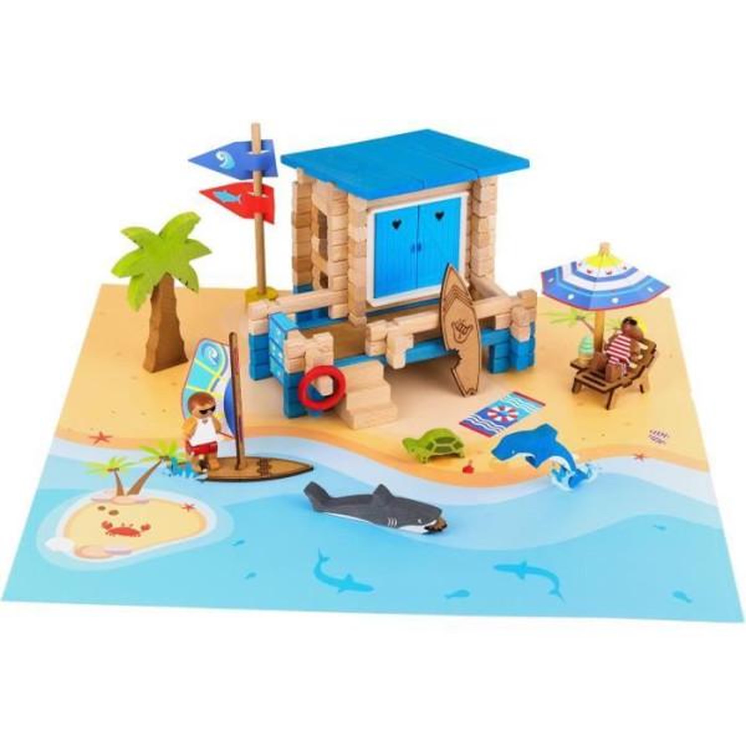 Journée à la Plage 120 Pièces JEUJURA Jeu de Construction en Bois Naturel Tapis et Accessoires Inclus 32x27x11 cm - vue 5