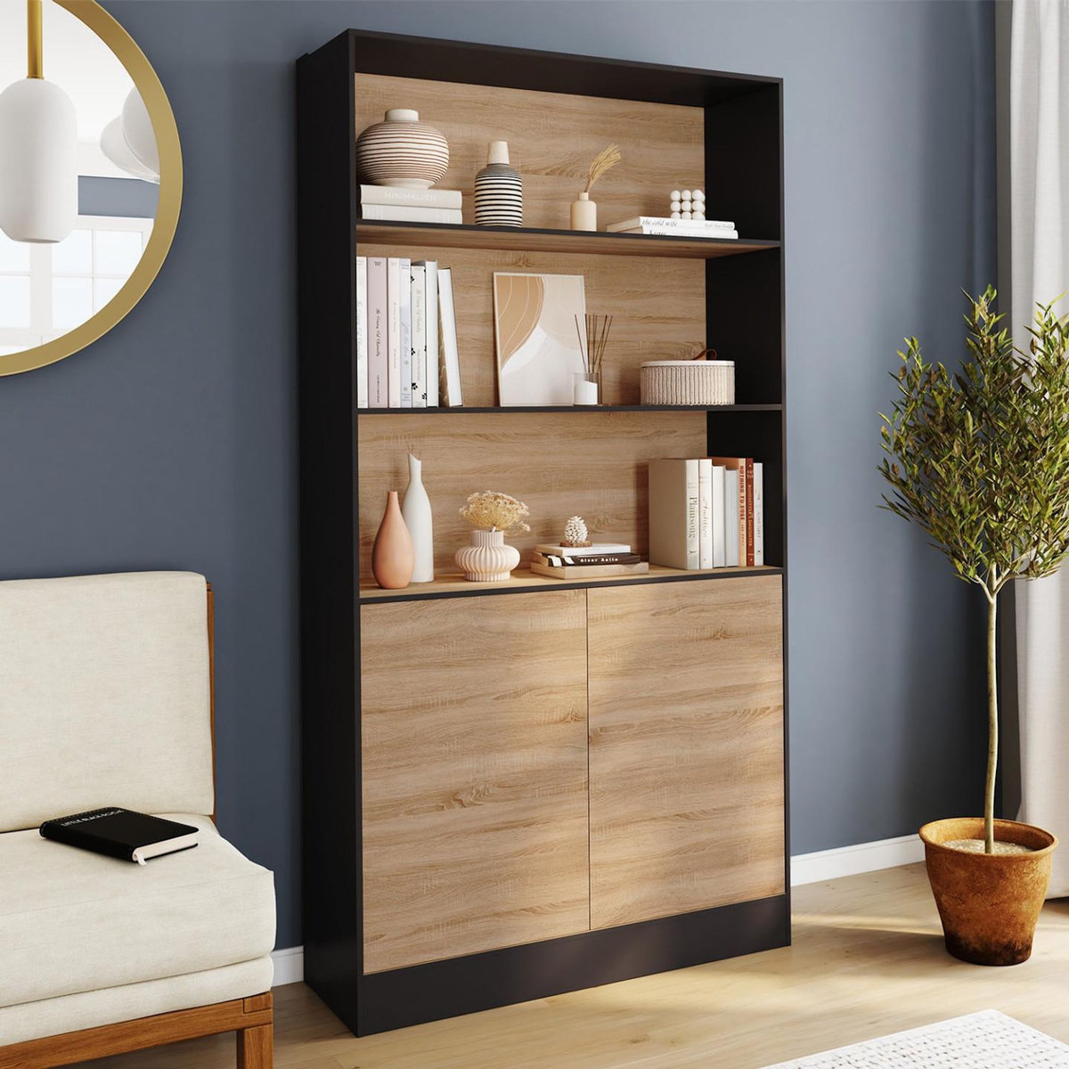 ID MARKET Etagère bibliothèque CARLA 3 niveaux XXL 1 placard noir et effet bois 190 cm