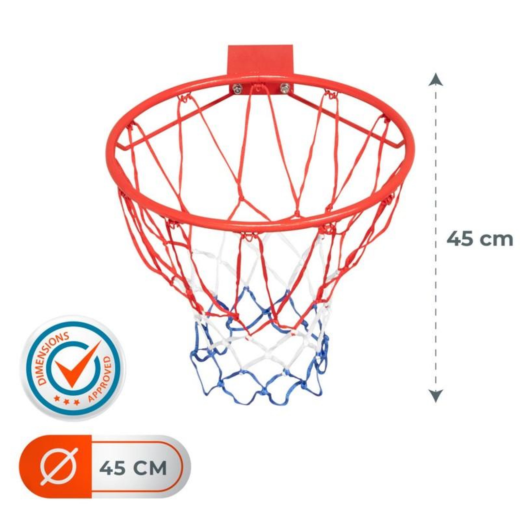 Voir la diapositive 2 : BUMBER Pack arceau de basket  rouge ( 45 cm) et filet phosphorescent inclus
