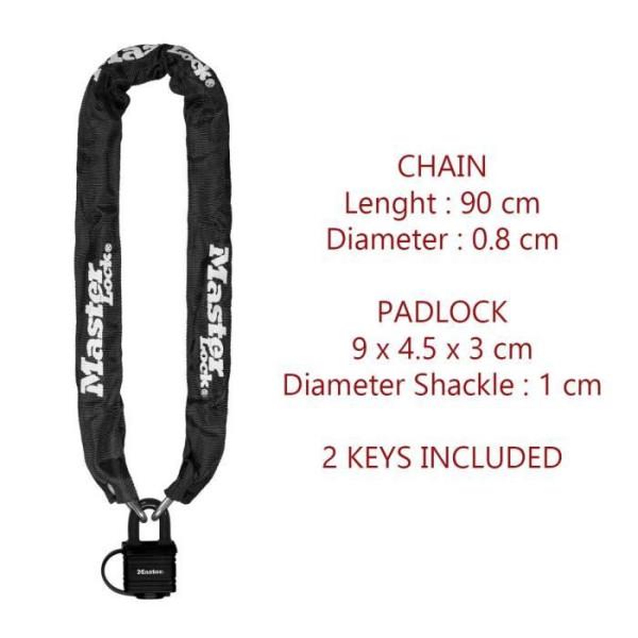 Voir la diapositive 4 : Master lock Chaîne antivol MASTER LOCK - 8390EURDPRO - 90cm x Ø 6mm - Cadenas 40mm - Gaine nylon - Noir
