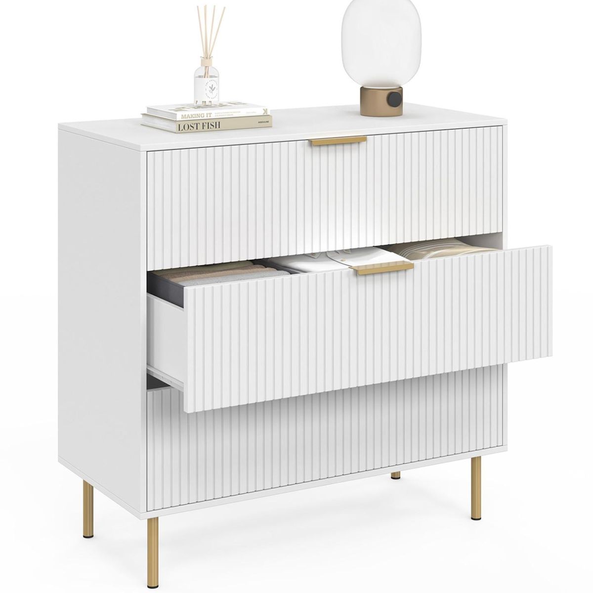 ID MARKET Commode 3 tiroirs MARCEL 80 cm lattes blanc et doré