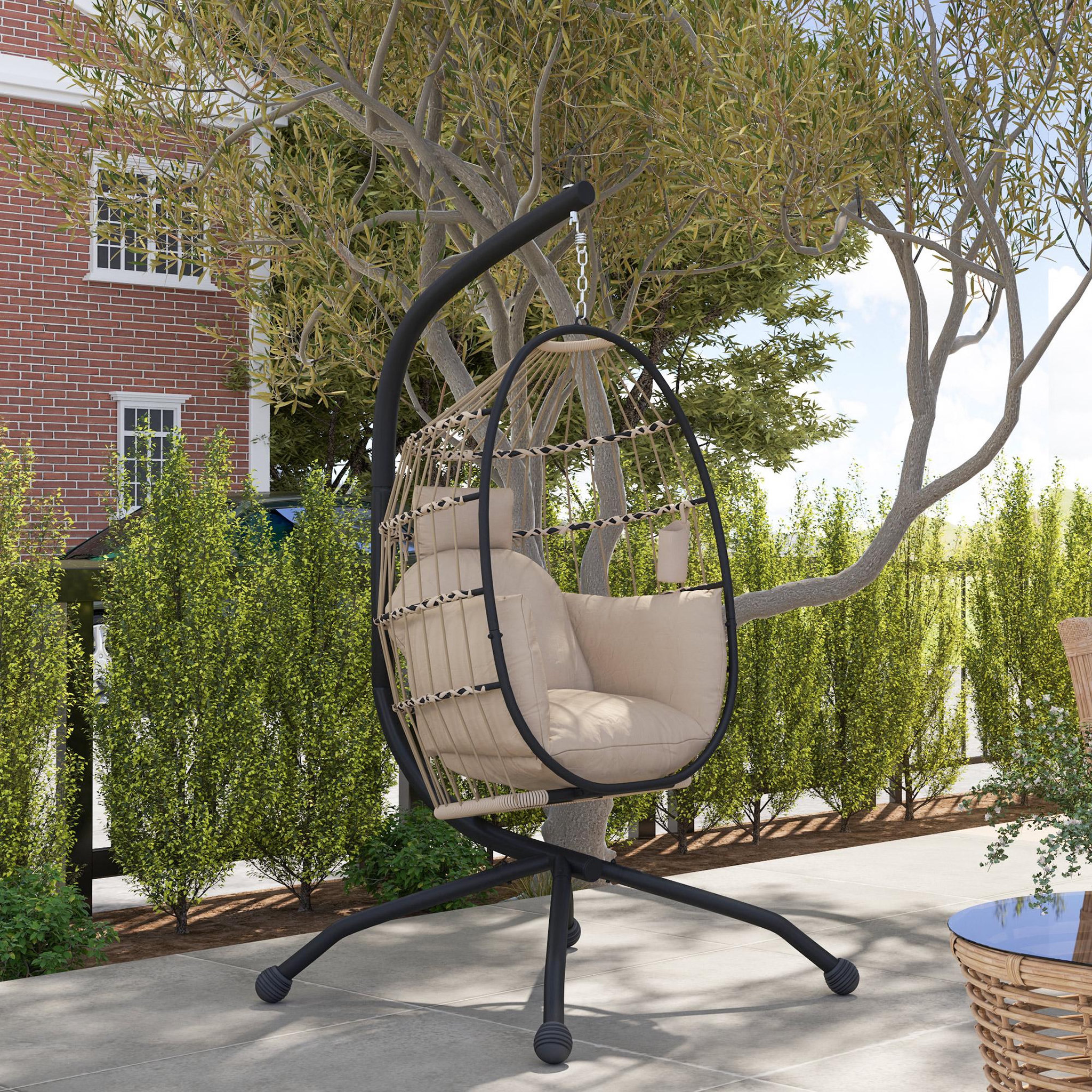 Voir la diapositive 2 : OUTSUNNY Fauteuil suspendu - fauteuil oeuf suspendu - panier pliable - épais coussin - porte-gobelet - acier noir résine tissu kaki