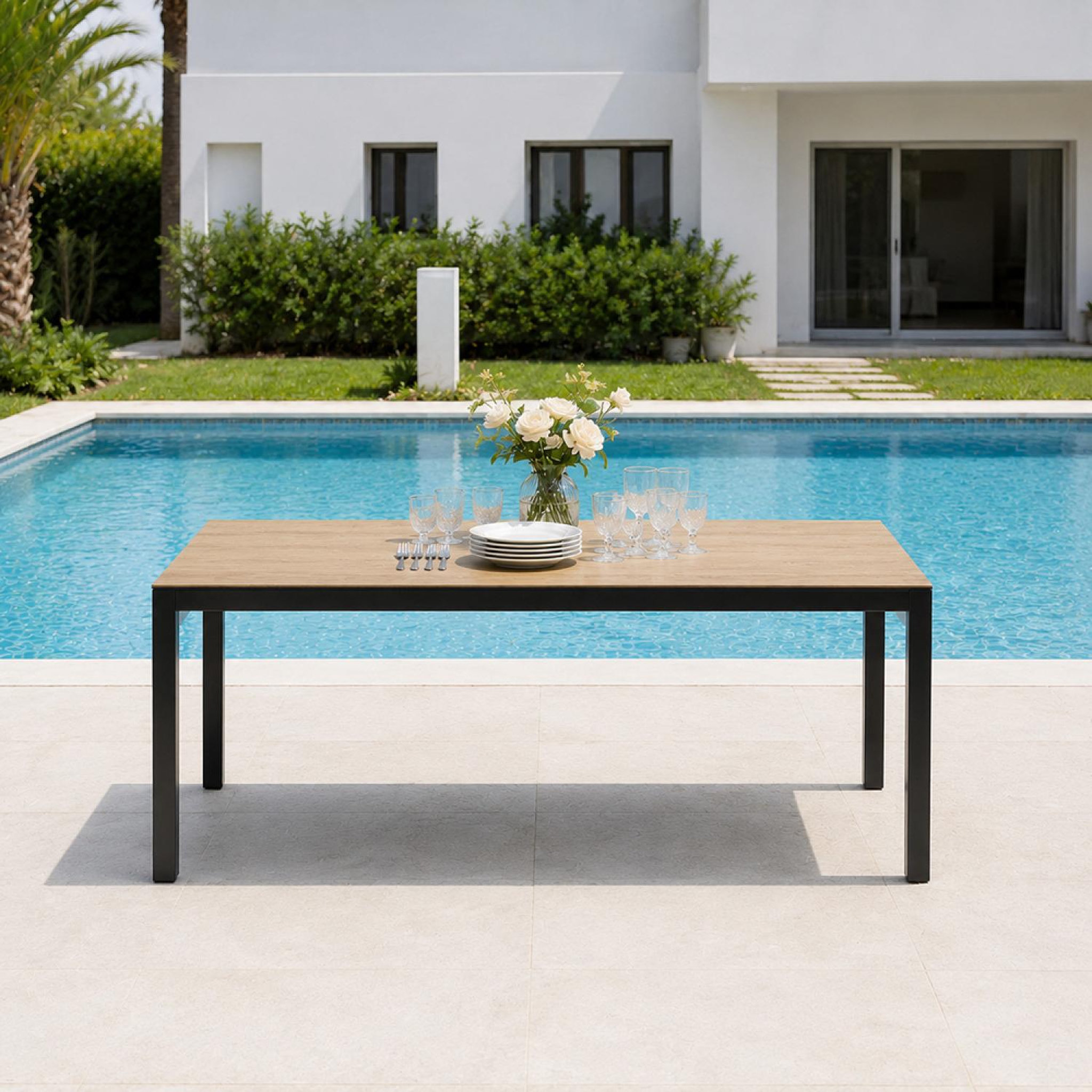 Voir la diapositive 5 : CONCEPT USINE Table de jardin 240cm 10 personnes avec plateau en verre trempé effet bois brisbane