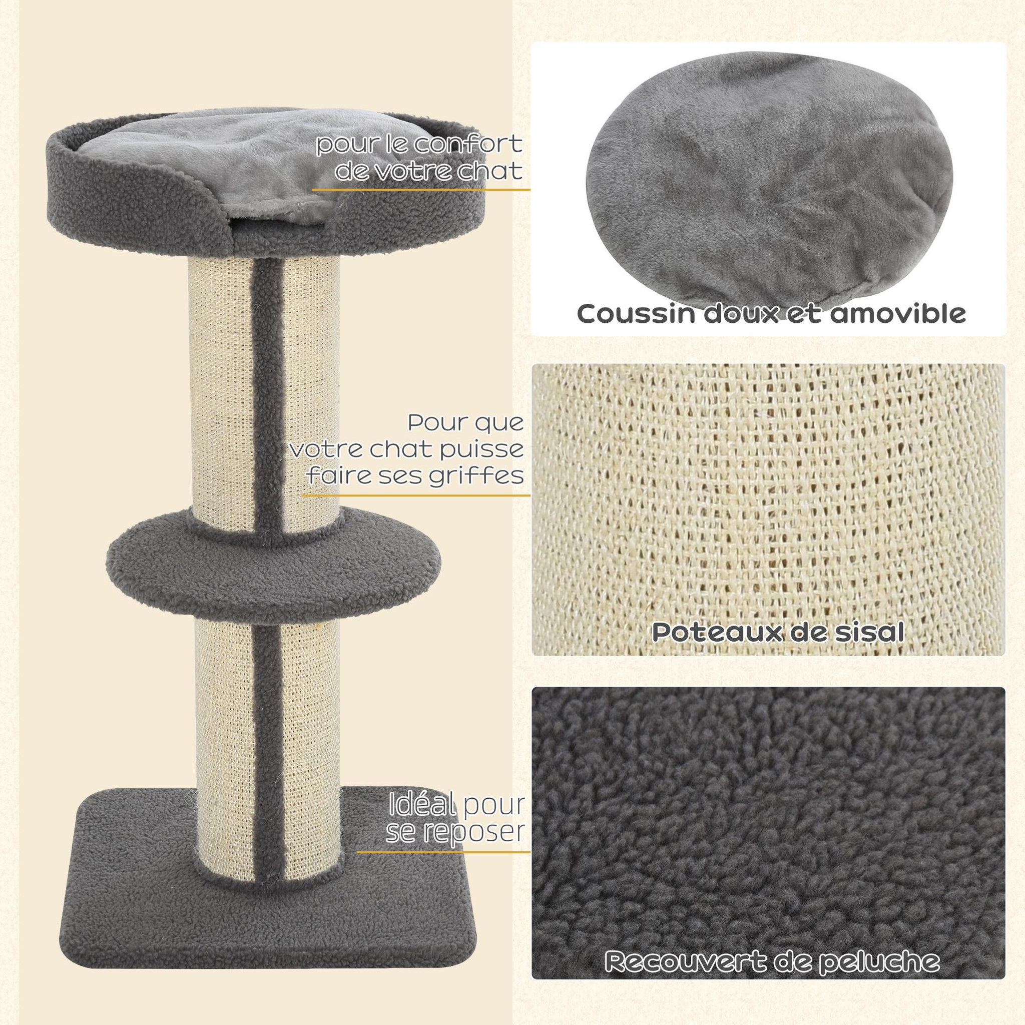 Voir la diapositive 5 : PAWHUT Arbre à chat avec griffoir centre d'activités 2 plateformes coussin gris