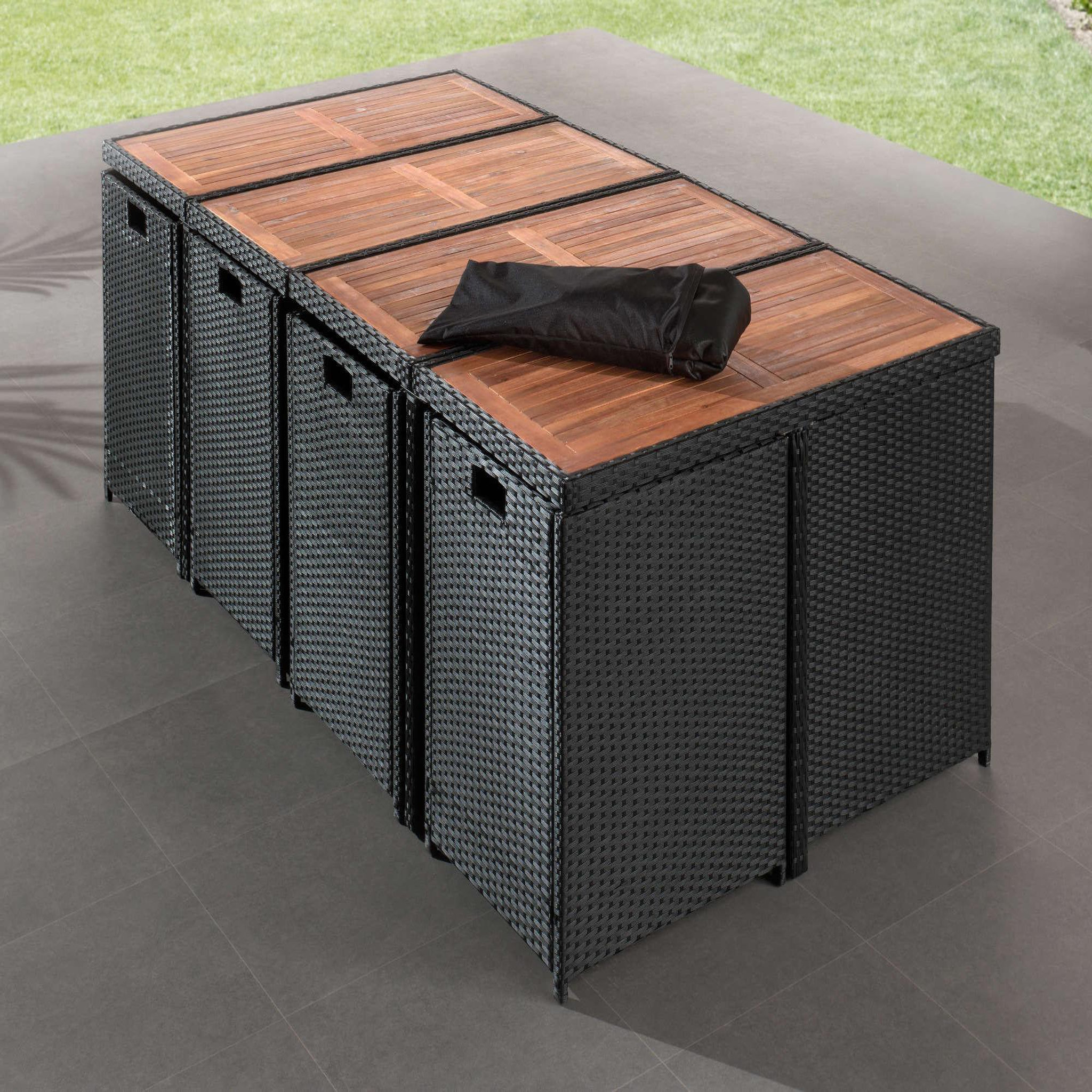 Voir la diapositive 4 : BEST MOBILIER Cuba - salon de jardin encastrable 12 places - en résine tressée - noir avec coussins beiges + housse de protection
