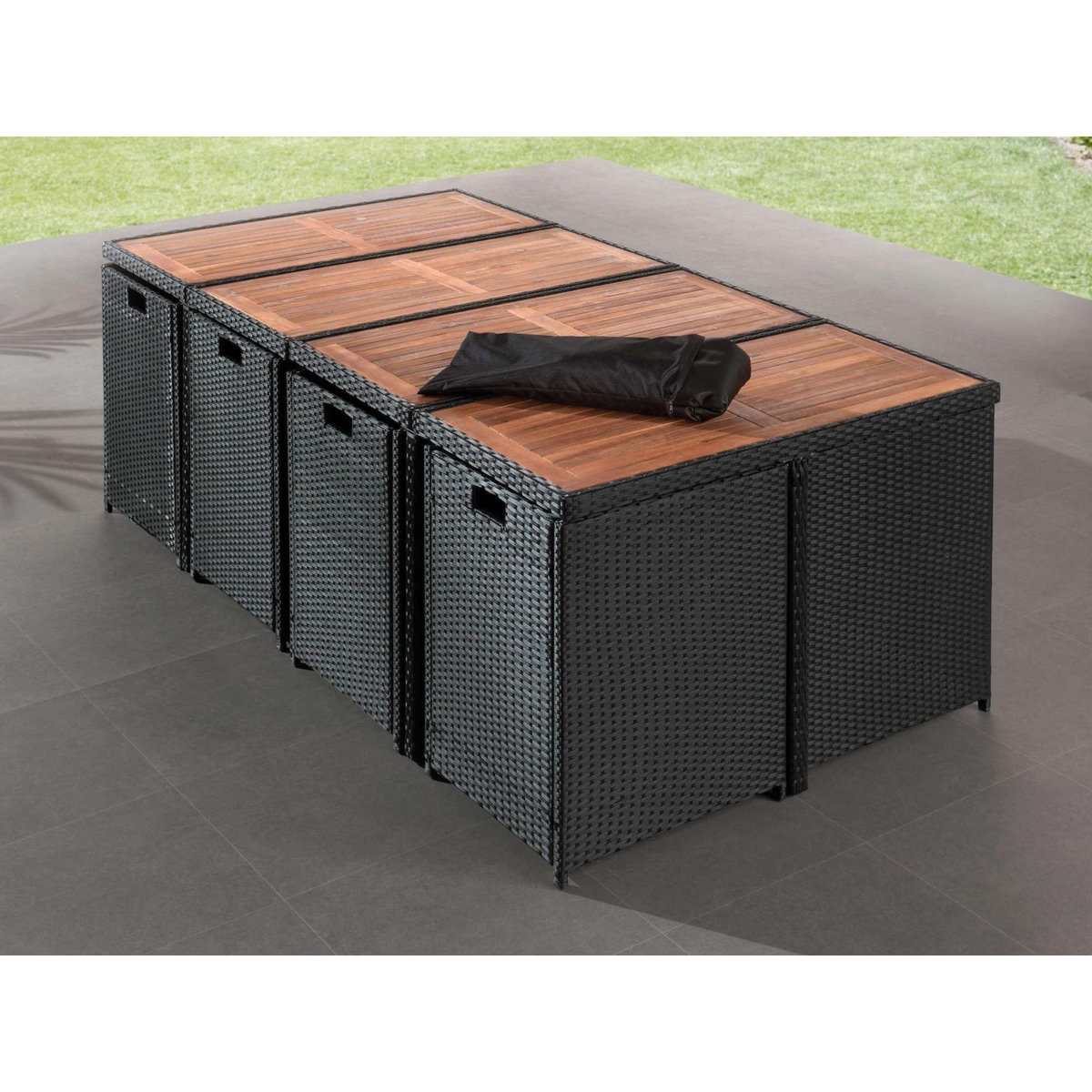 BEST MOBILIER Cuba - salon de jardin encastrable 12 places - en résine tressée - noir avec coussins beiges + housse de protection