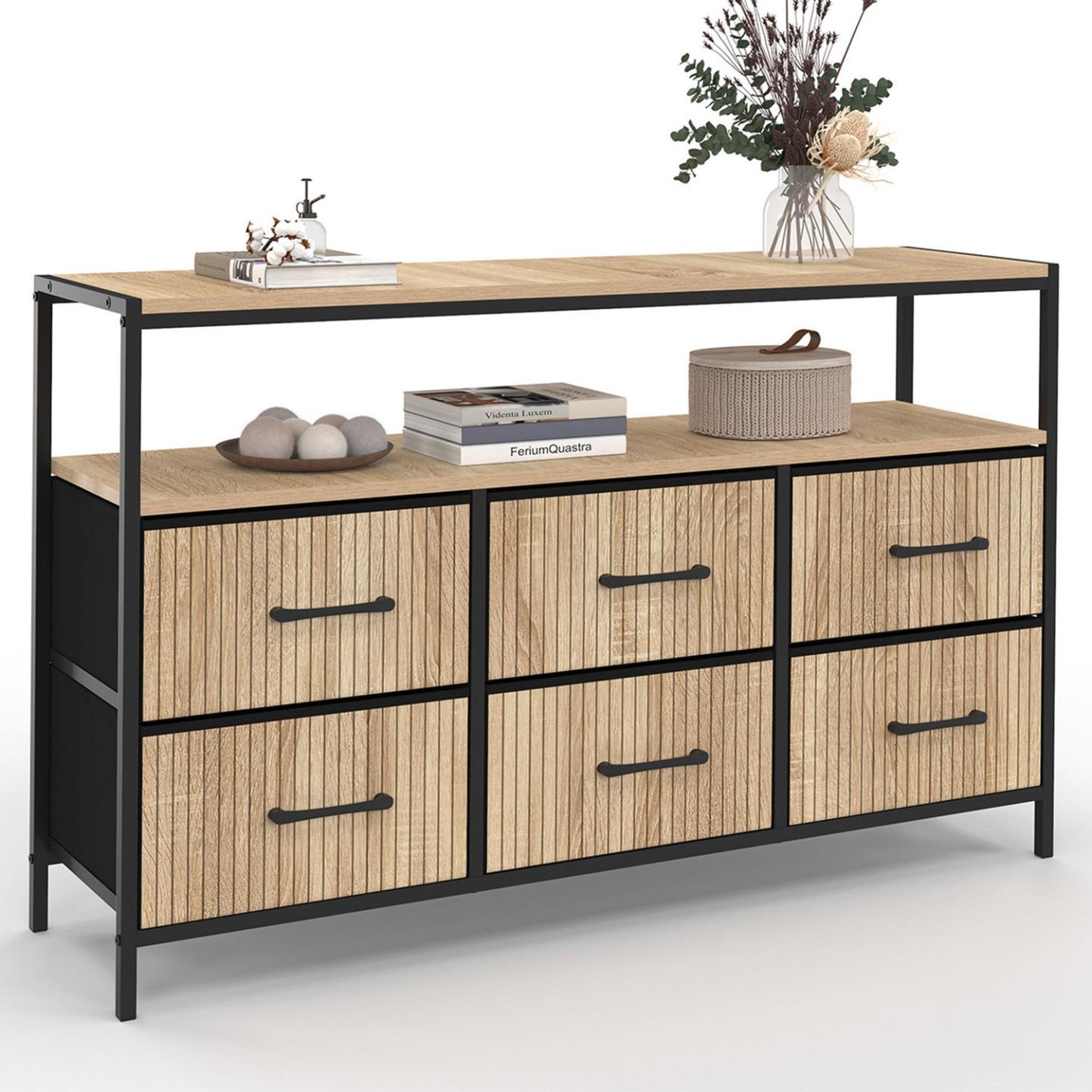 ID MARKET Commode 6 tiroirs en tissu utah 115 cm avec niche effet lattes meuble de rangement design industriel