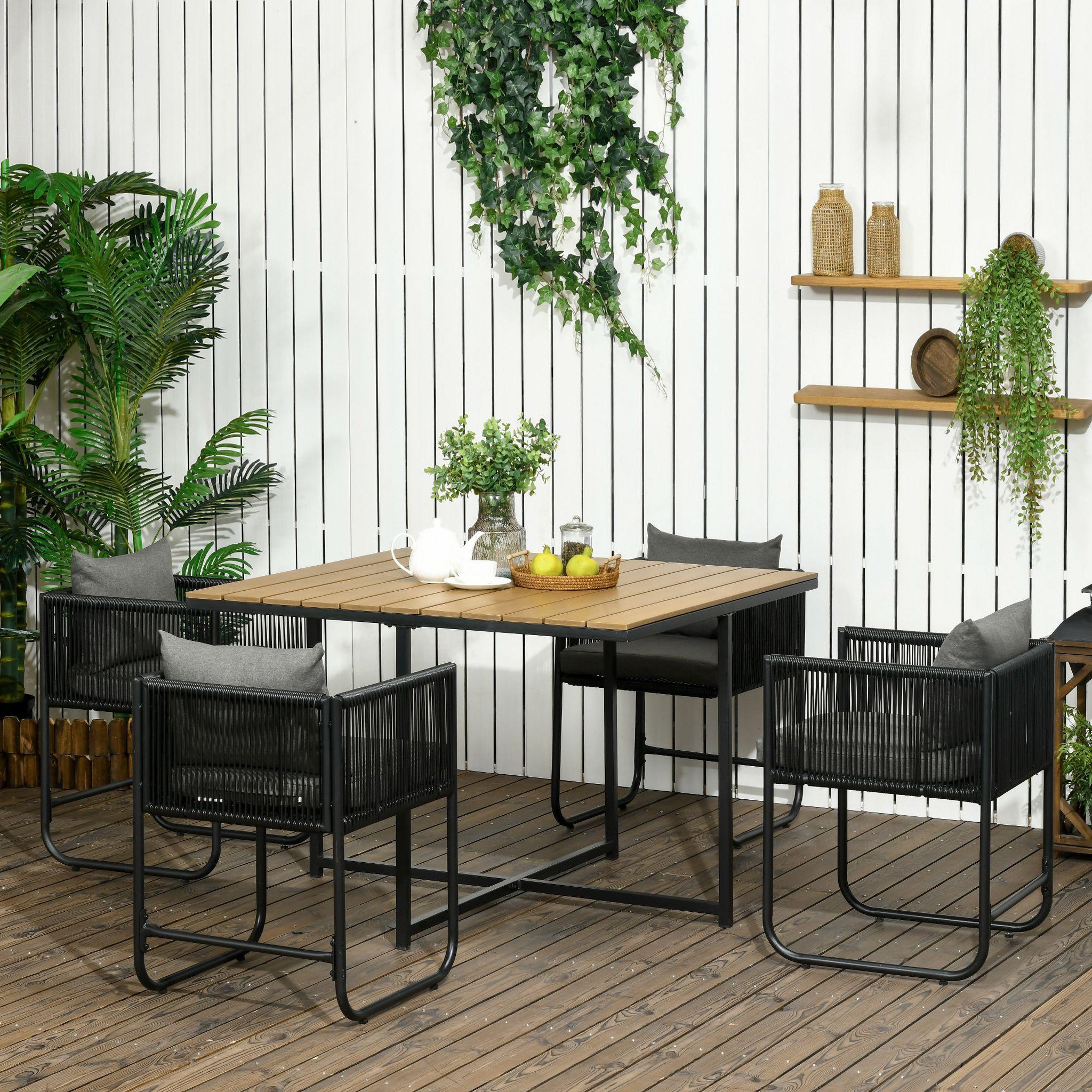 Voir la diapositive 2 : OUTSUNNY Salon de jardin 4 personnes encastrable avec coussins zippés déperlants métal résine noir effet bois