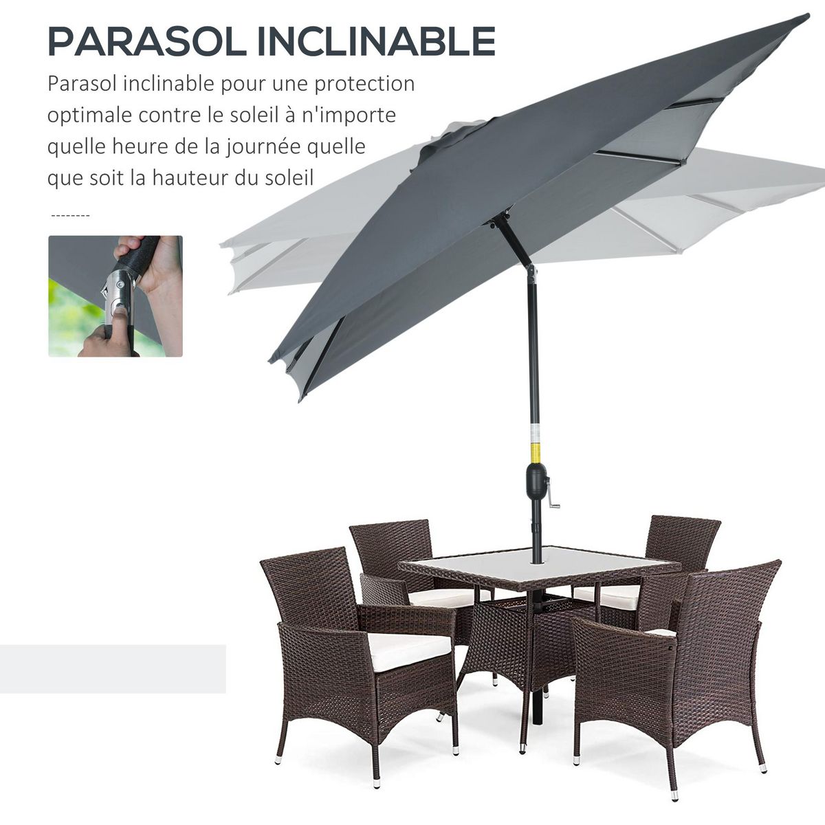 OUTSUNNY Parasol inclinable rectangulaire métal polyester haute densité 2,95L x 1,95l x 2,4H m gris