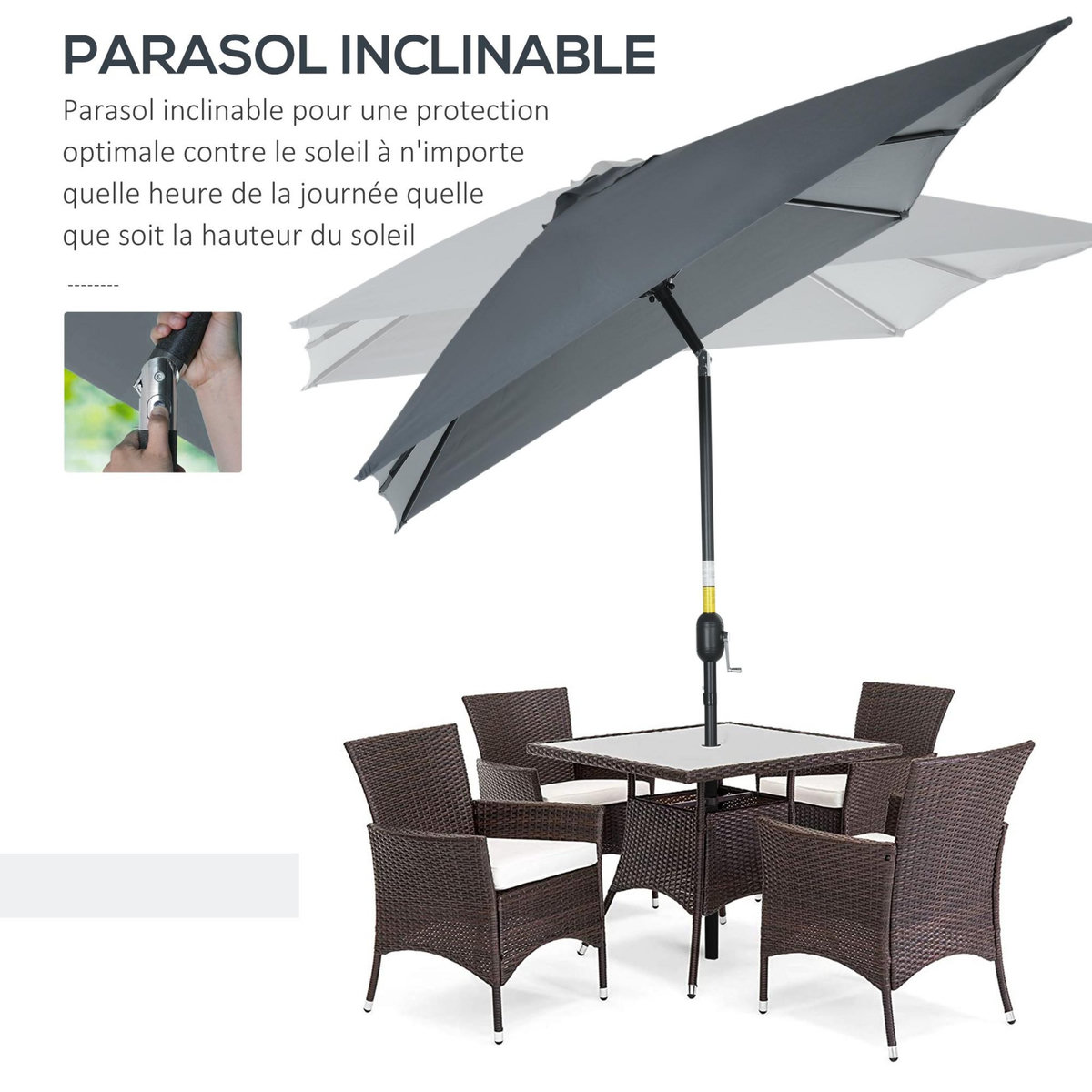 OUTSUNNY Parasol inclinable rectangulaire métal polyester haute densité 2,95L x 1,95l x 2,4H m gris