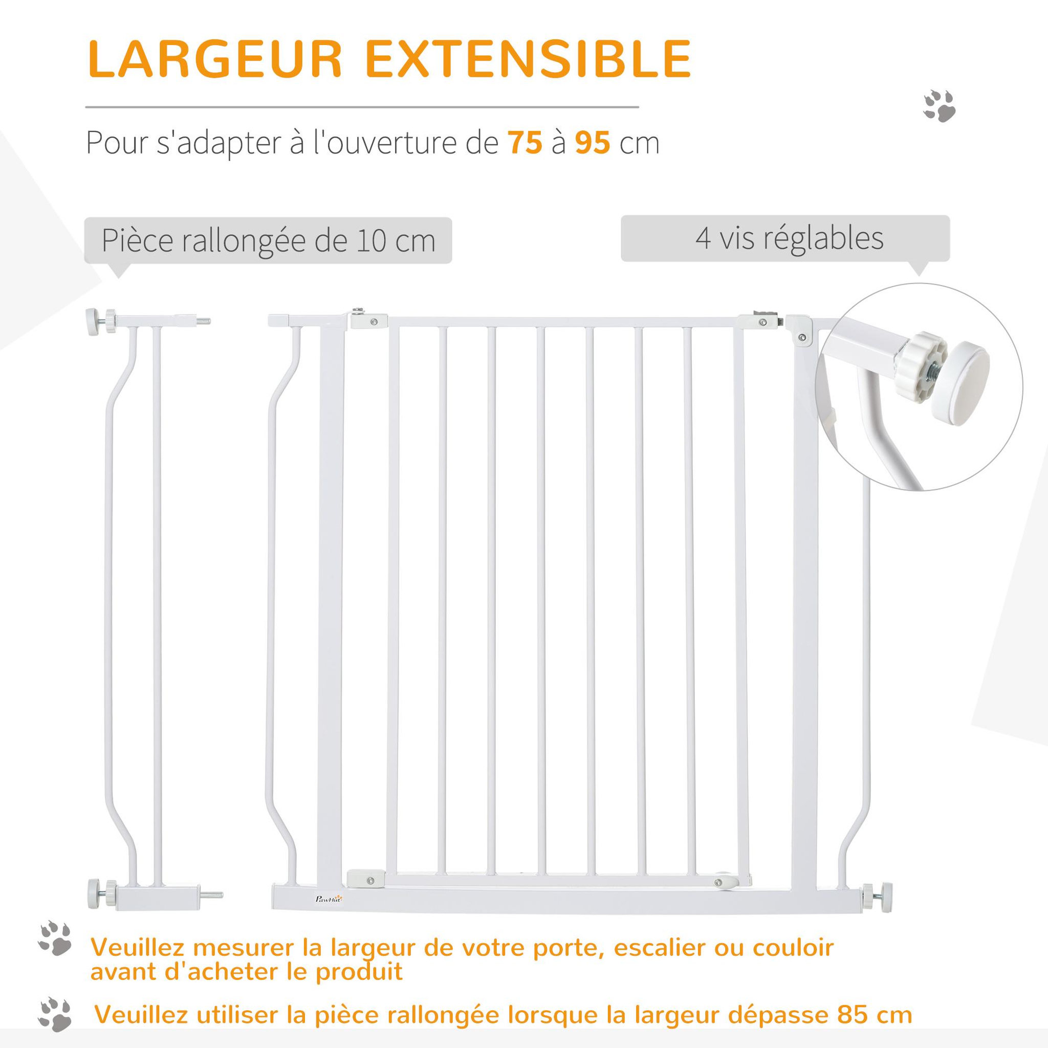 Voir la diapositive 5 : PAWHUT Barrière de sécurité animaux - longueur réglable dim. 75-95 cm - porte double verrouillage, ouverture double sens -sans perçage - acier abs blanc