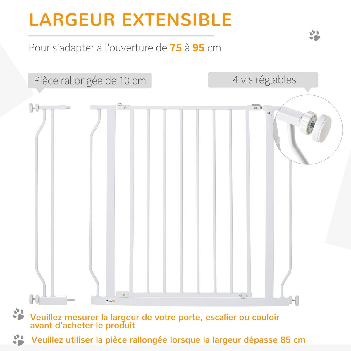PAWHUT Barrière de sécurité animaux - longueur réglable dim. 75-95 cm - porte double verrouillage, ouverture double sens -sans perçage - acier ABS blanc