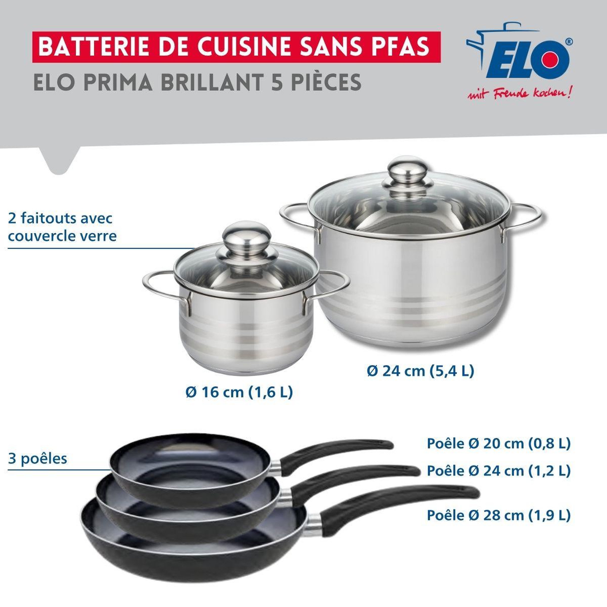 Voir la diapositive 2 : ELO Ensemble de 3 poêles de cuisson 20, 24 et 28 cm et 2 faitouts 16 et 24 cm elo prima brillant