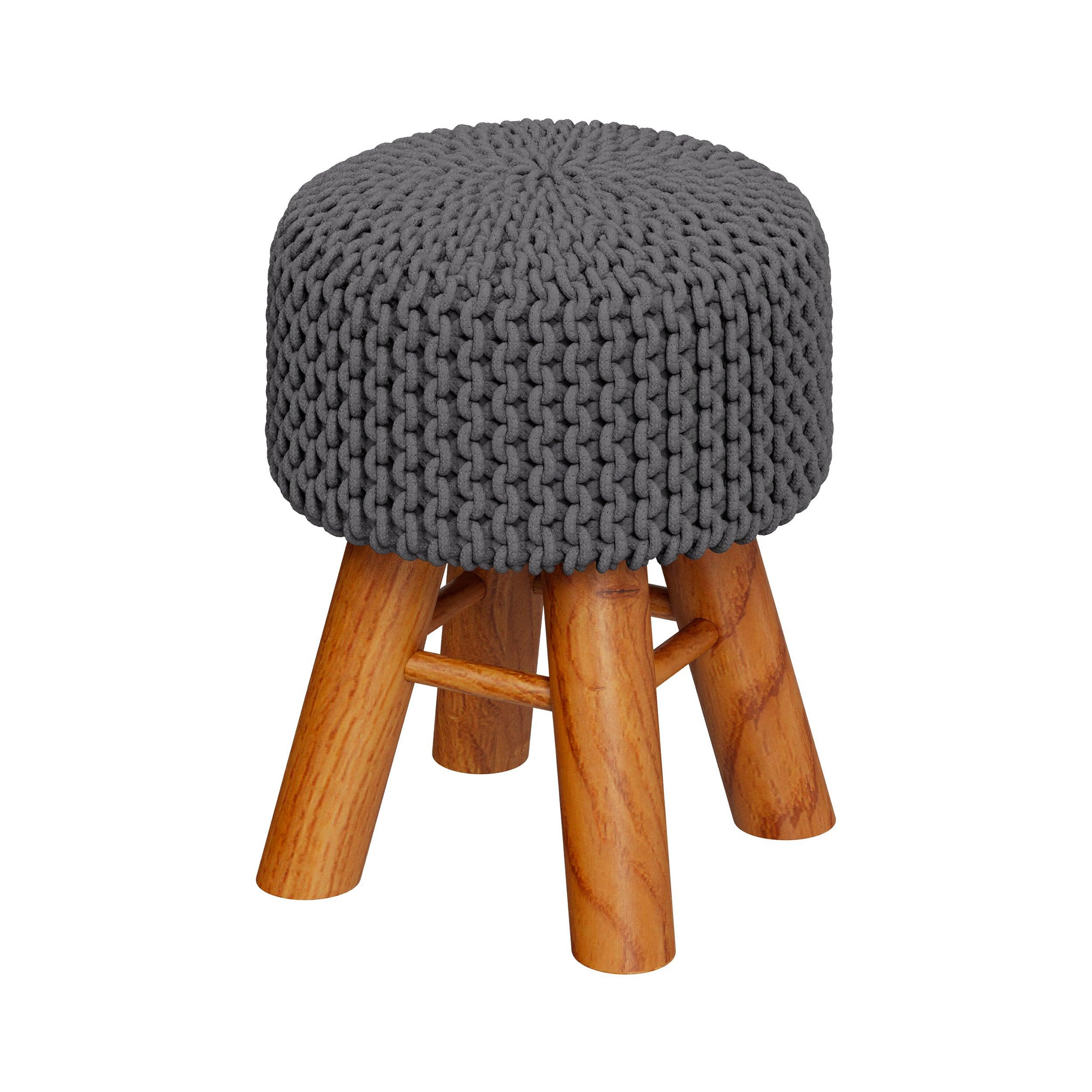 MAISON PAVANE Petit tabouret rond en tricot coton gris foncé et pieds en bois-lisa