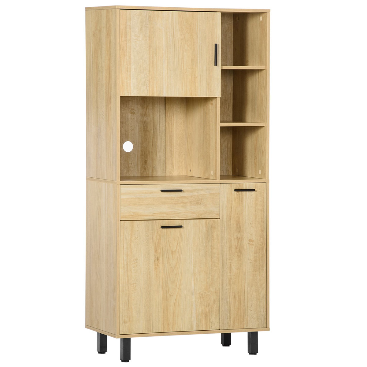 HOMCOM Buffet haut - armoire de cuisine multi-rangement - 3 portes, 4 niches, tiroir - piètement métal noir panneaux particules aspect bois clair