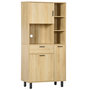 Voir la diapositive 1 : HOMCOM Buffet haut - armoire de cuisine multi-rangement - 3 portes, 4 niches, tiroir - piètement métal noir panneaux particules aspect bois clair