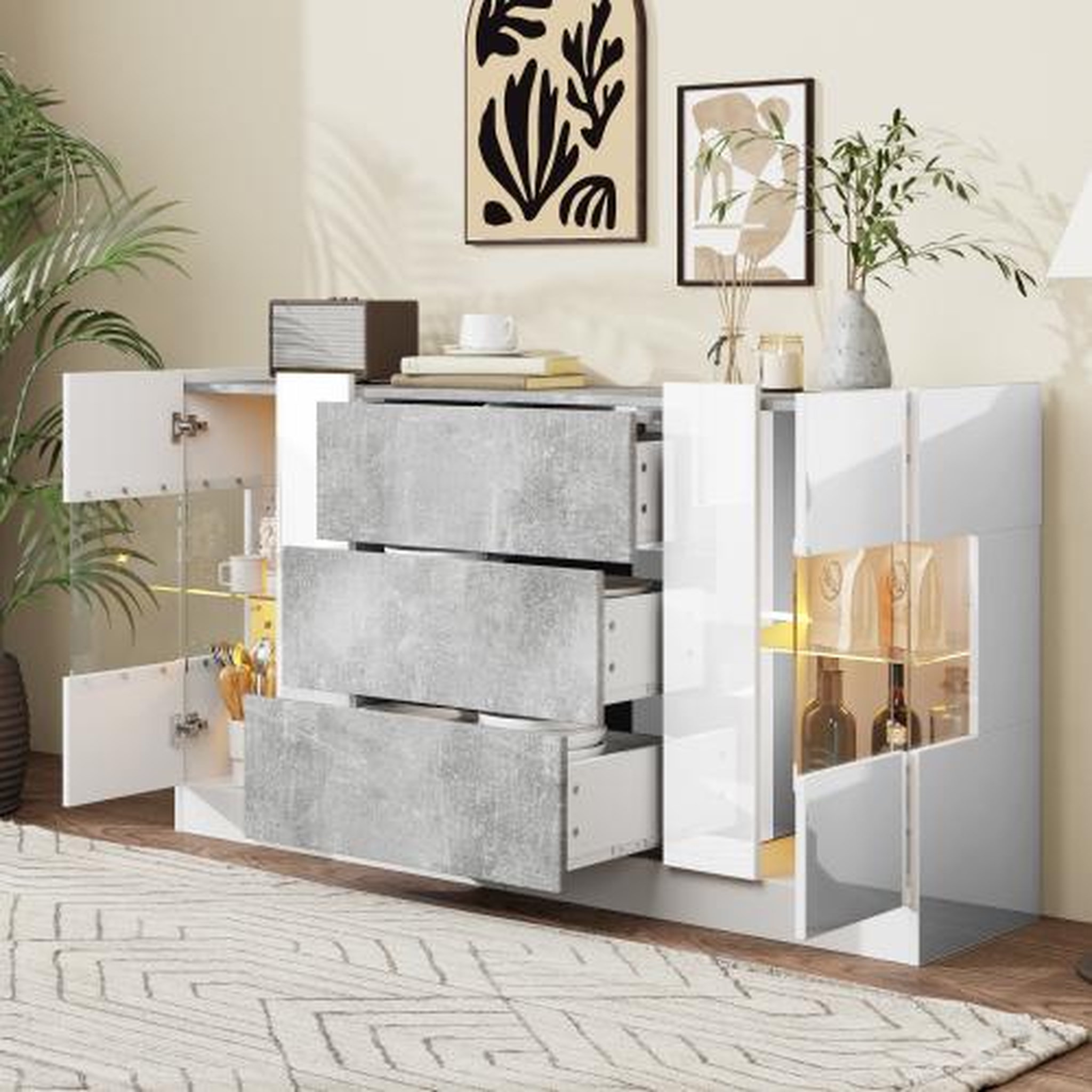 Voir la diapositive 2 : MERAX Buffet 2 porte(s) 3 tiroir(s) - 140 cm blanc+gris led mdf