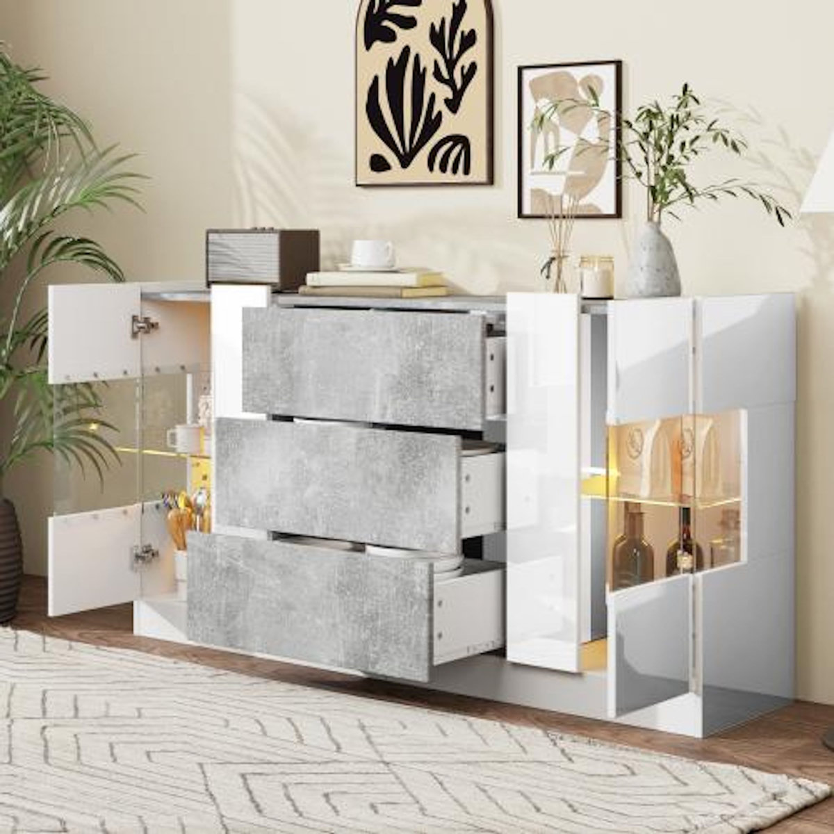 MERAX Buffet 2 porte(s) 3 tiroir(s) - 140 cm blanc+gris led mdf