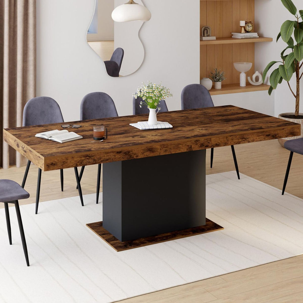 ID MARKET Table à manger extensible rectangle EDEN 6-10 personnes bois effet vieilli et noir 160-200 cm