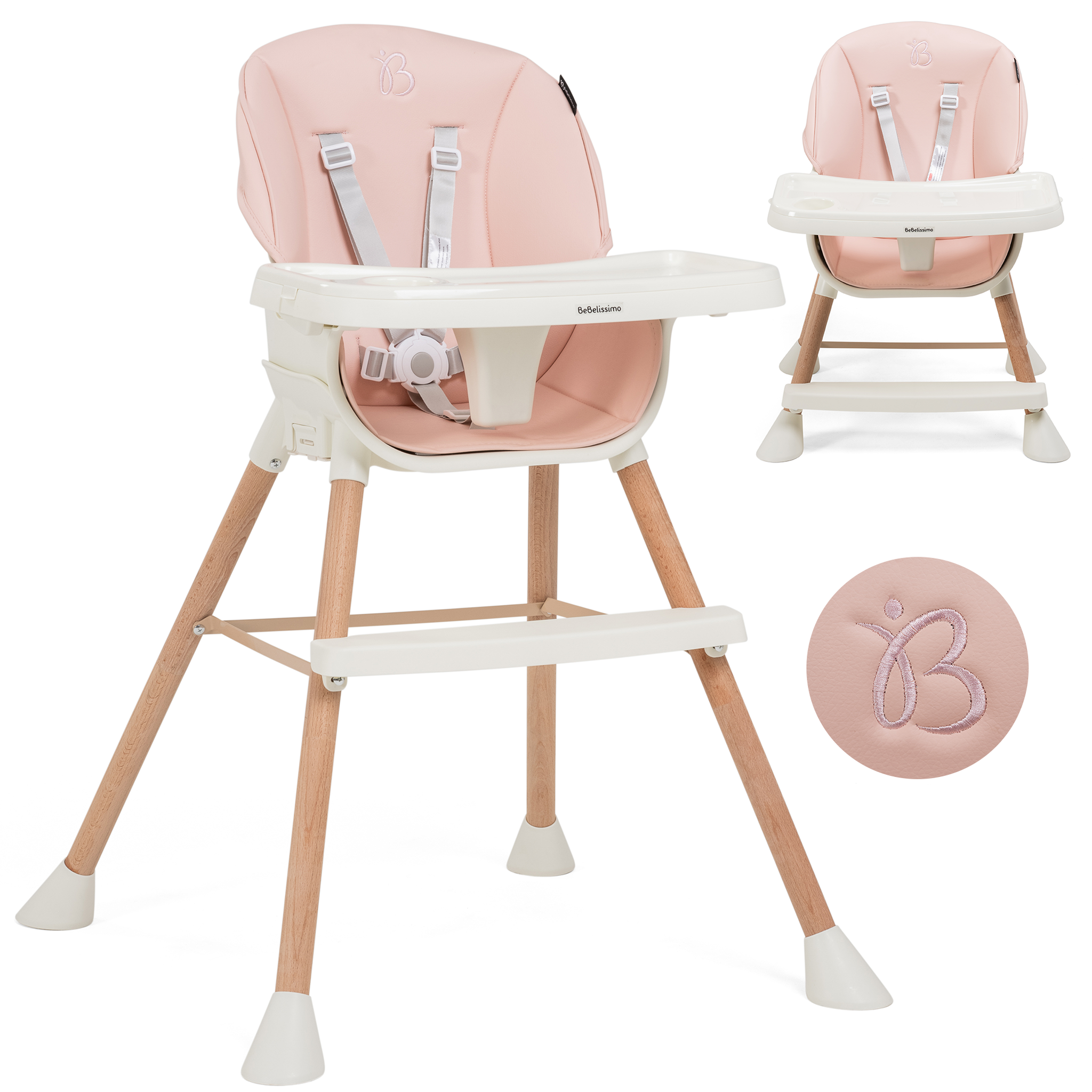Voir la diapositive 1 : BEBELISSIMO Bebelissimo - Chaise haute bébé 5 en 1 - Evolutive - Réglable - bois de Hêtre - PVC cuir - rose - BZ -511 - new design