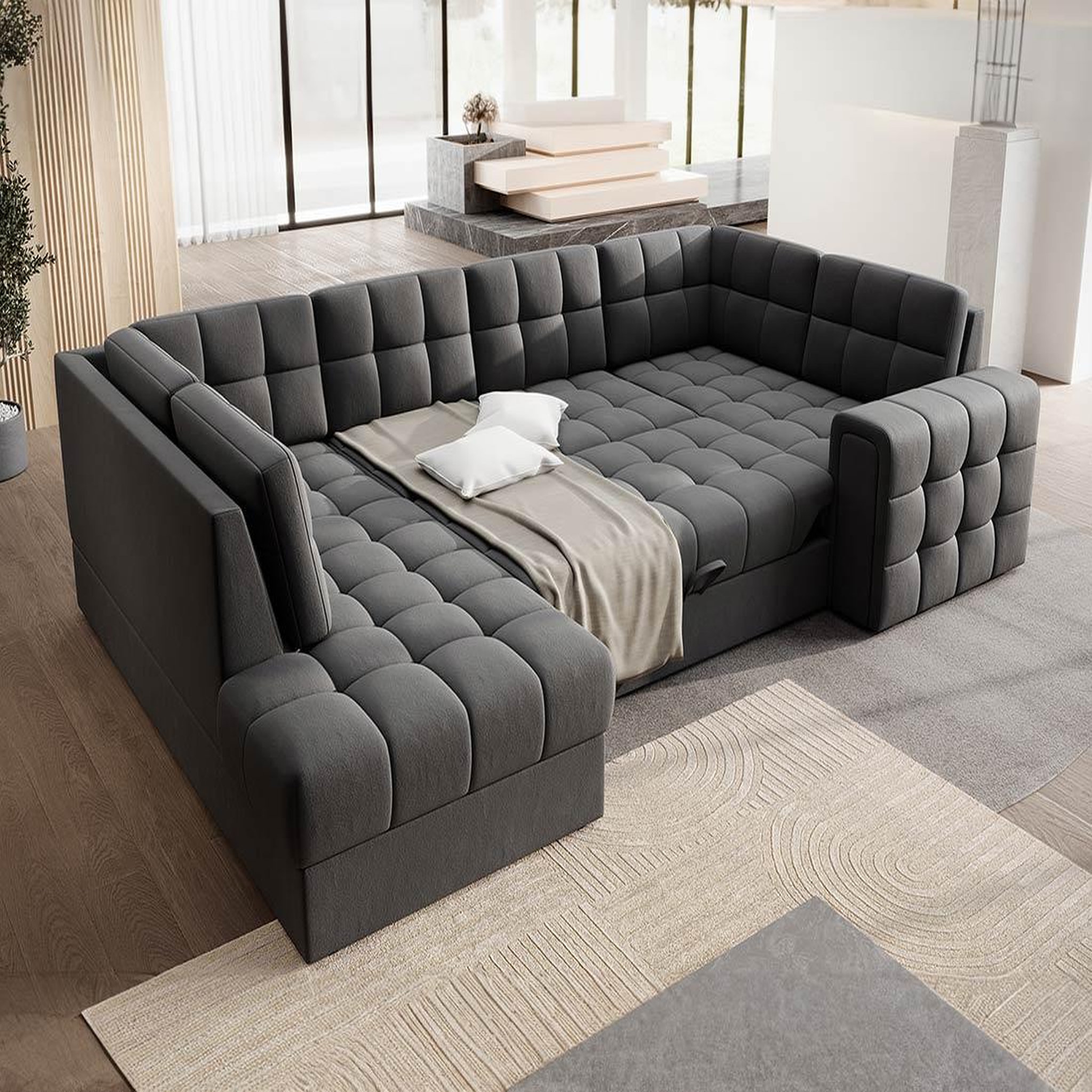 Voir la diapositive 2 : BEST MOBILIER Nappa - canapé panoramique d'angle droit 7 places convertible avec coffre en velours