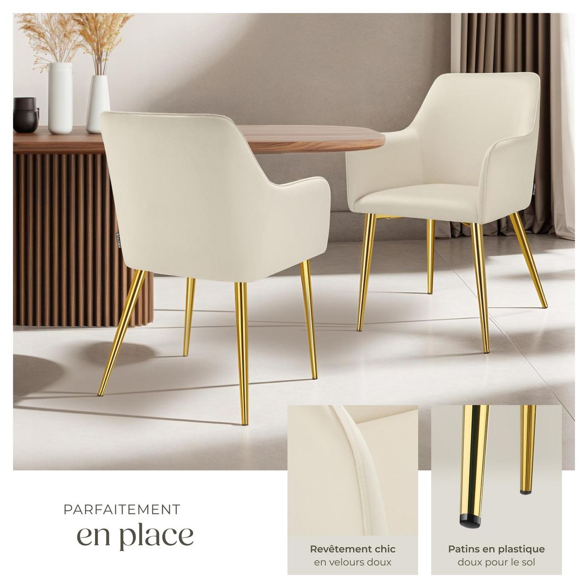 tectake Fauteuil en velours rembourré beige Lot de 2