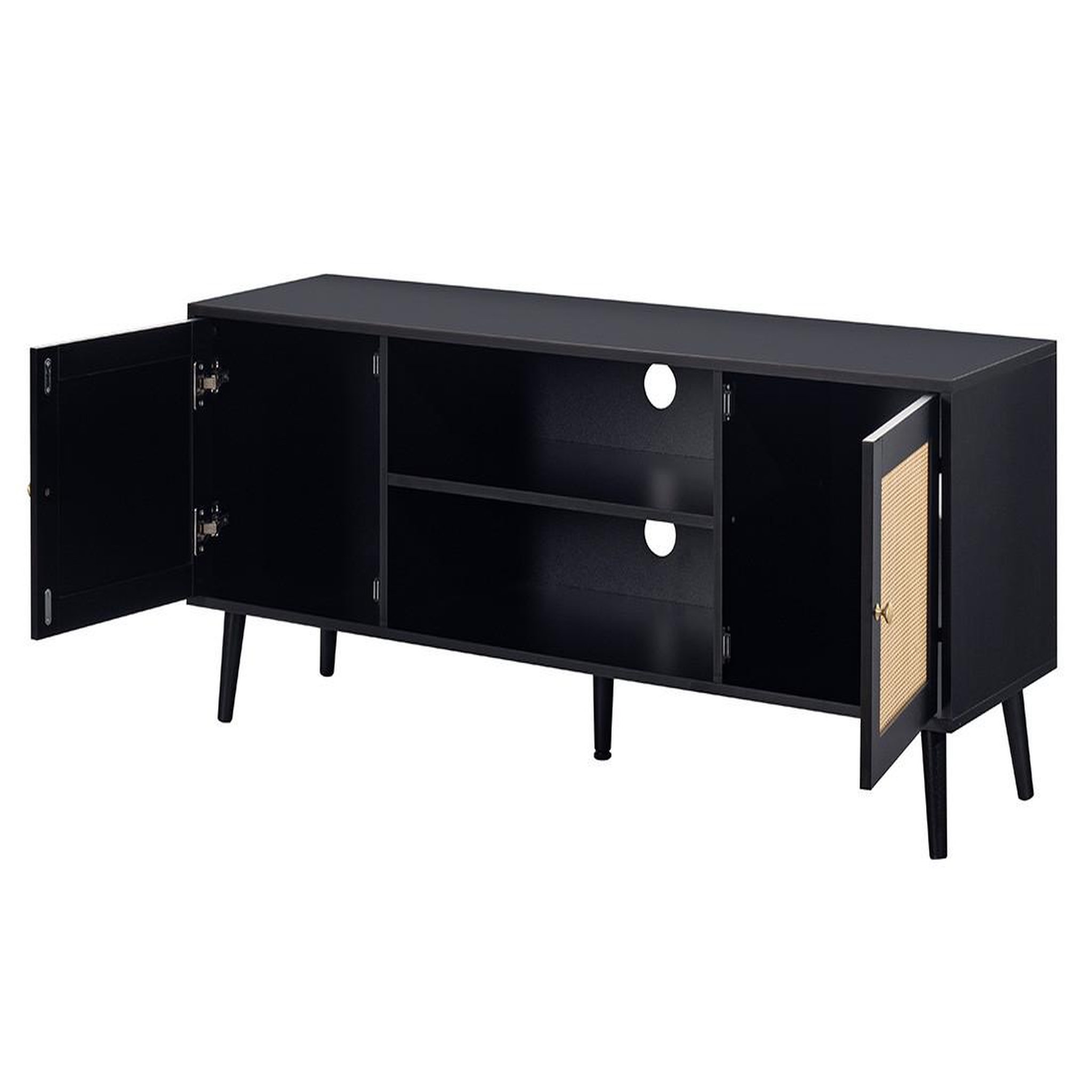Voir la diapositive 6 : BEST MOBILIER Goto - meuble tv - noir et cannage - 2 portes et 2 niches - 140 cm
