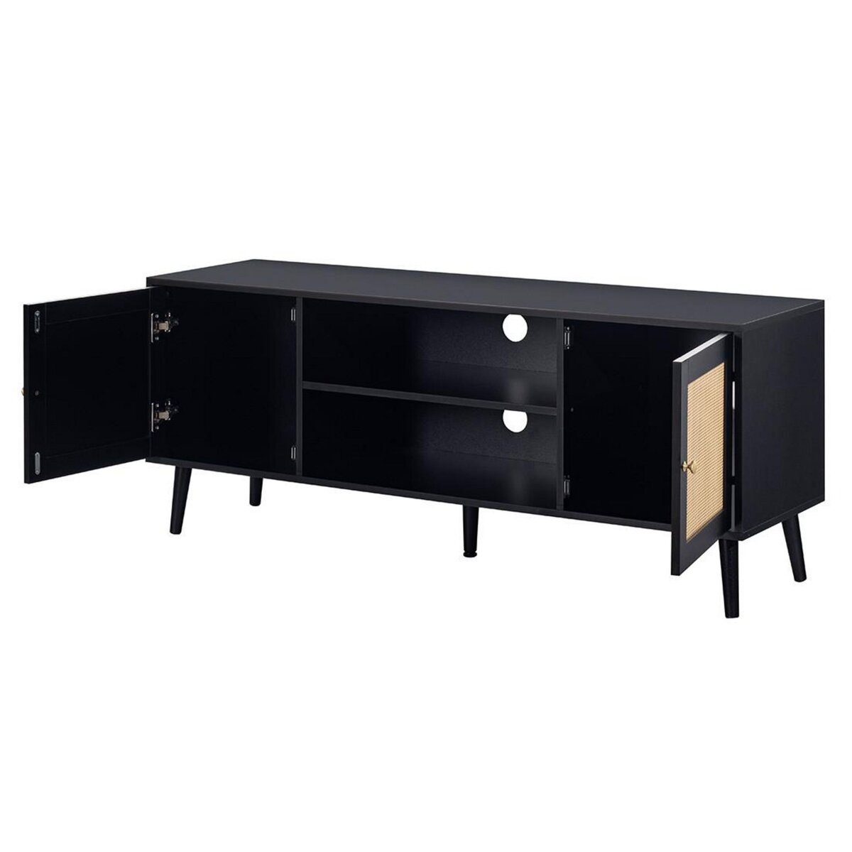 BEST MOBILIER Goto - meuble tv - noir et cannage - 2 portes et 2 niches - 140 cm