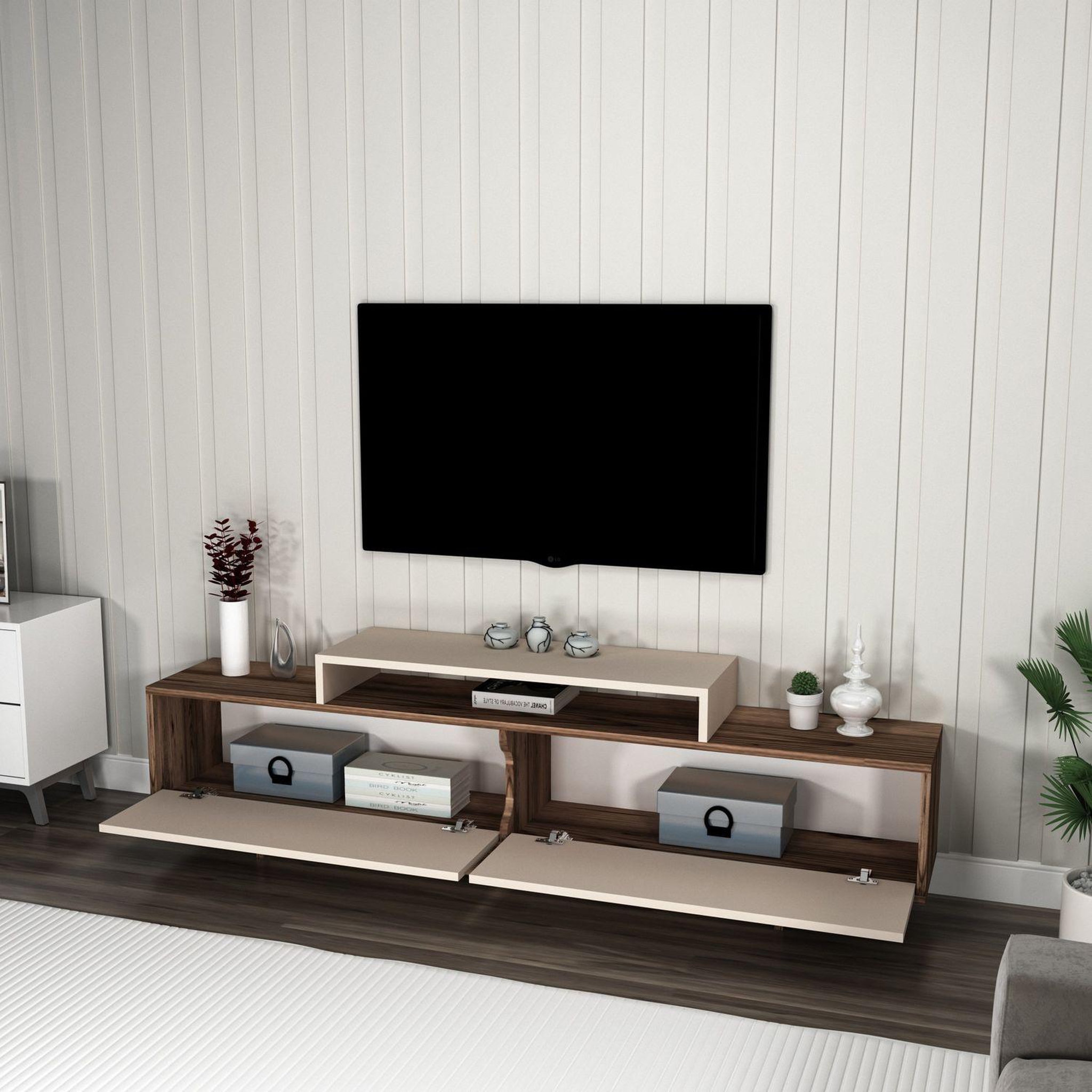 Voir la diapositive 5 : TOILINUX Meuble tv 2 portes basculantes et 1 niche noeline - beige