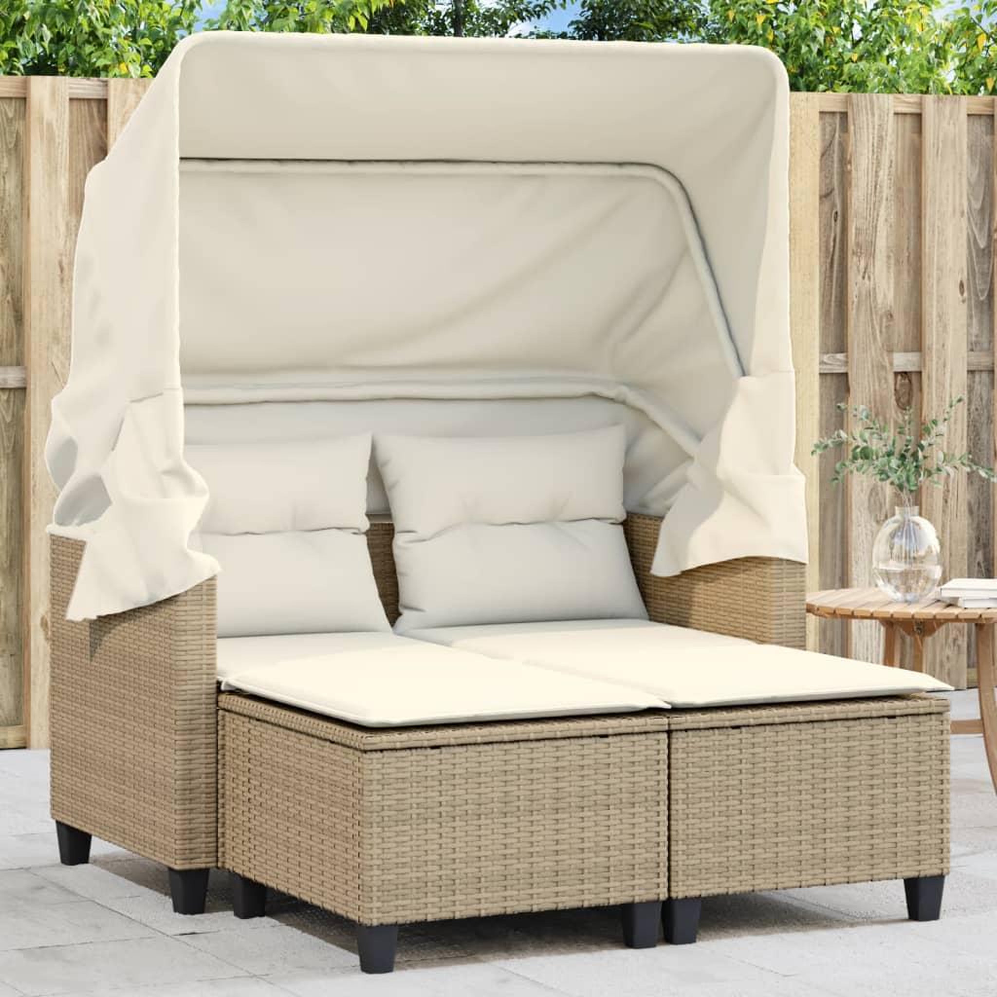 VIDAXL Canape de jardin 2 places avec auvent et tabourets beige rotin