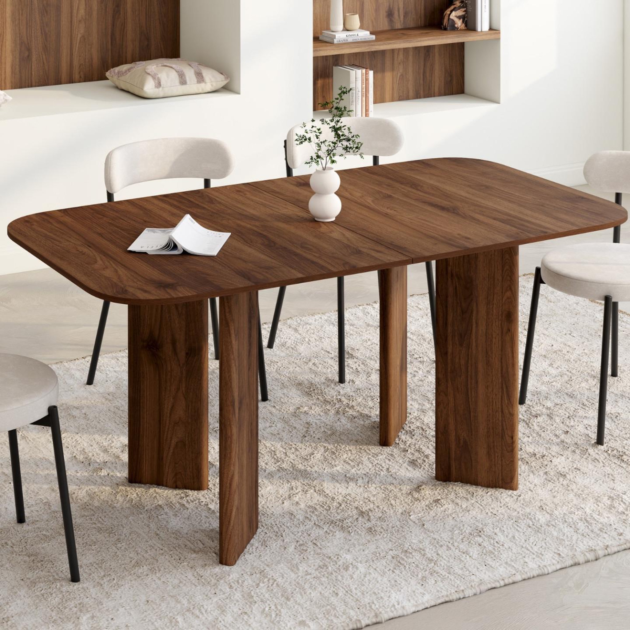 Voir la diapositive 4 : ID MARKET Table à manger extensible rectangulaire arrondie capucine 6-10 personnes 4 pieds design arrondi noyer 160-200 cm